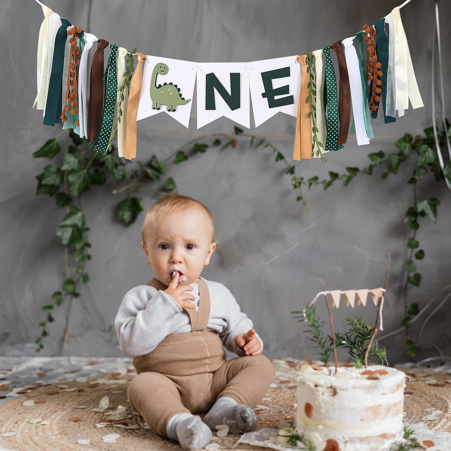 Dinosaur 1st Birthday High Chair Banner - Baby Boy First Highchair Banner for Party Supplies, Dinosaur Themed One High Chair Garland Birthday Party