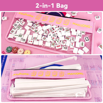 2 IN 1 Empty Mahjong Tiles Bag/Racks & Pushers Bags, 21x9 Inches, Pink