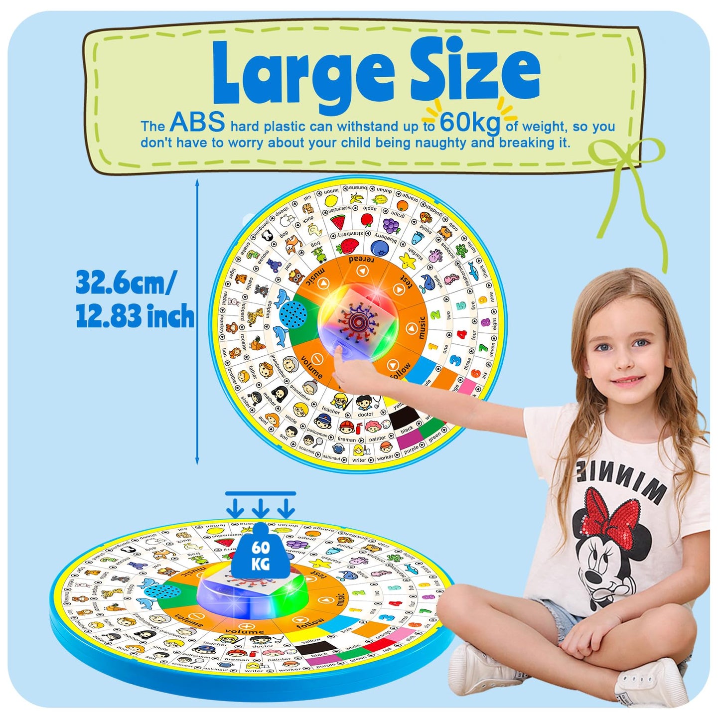 Spin Interactive Talking Toy for Toddlers 1 2 3 4 Year Olds,Montessori Electronic Learning Words Toy, Sing Music Sounds Glows,Speech Therapy