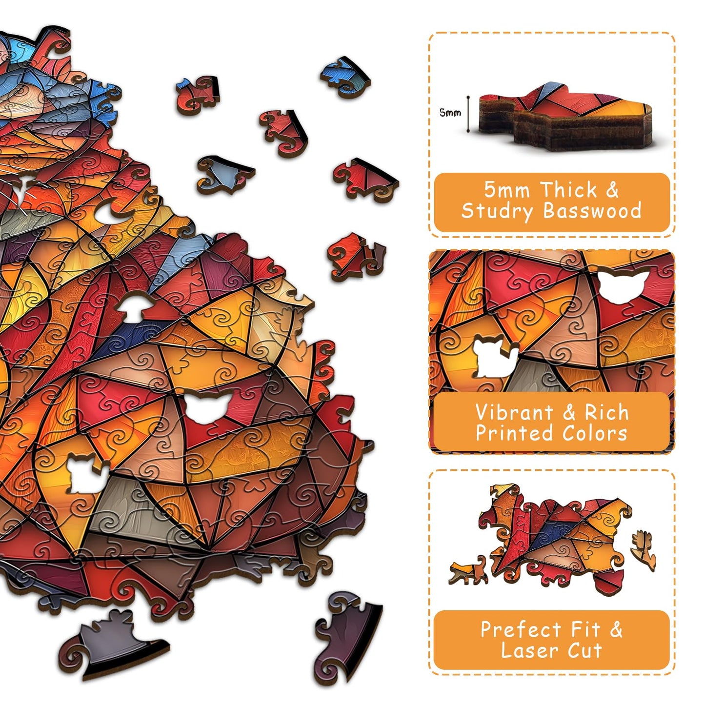 Wooden Stained Glass Puzzles for Adults, Mosaic Cat Jigsaw Puzzle 150 Pieces Art, Colorful Kitten Wood Kitty Puzzle,Unique Animal Shape