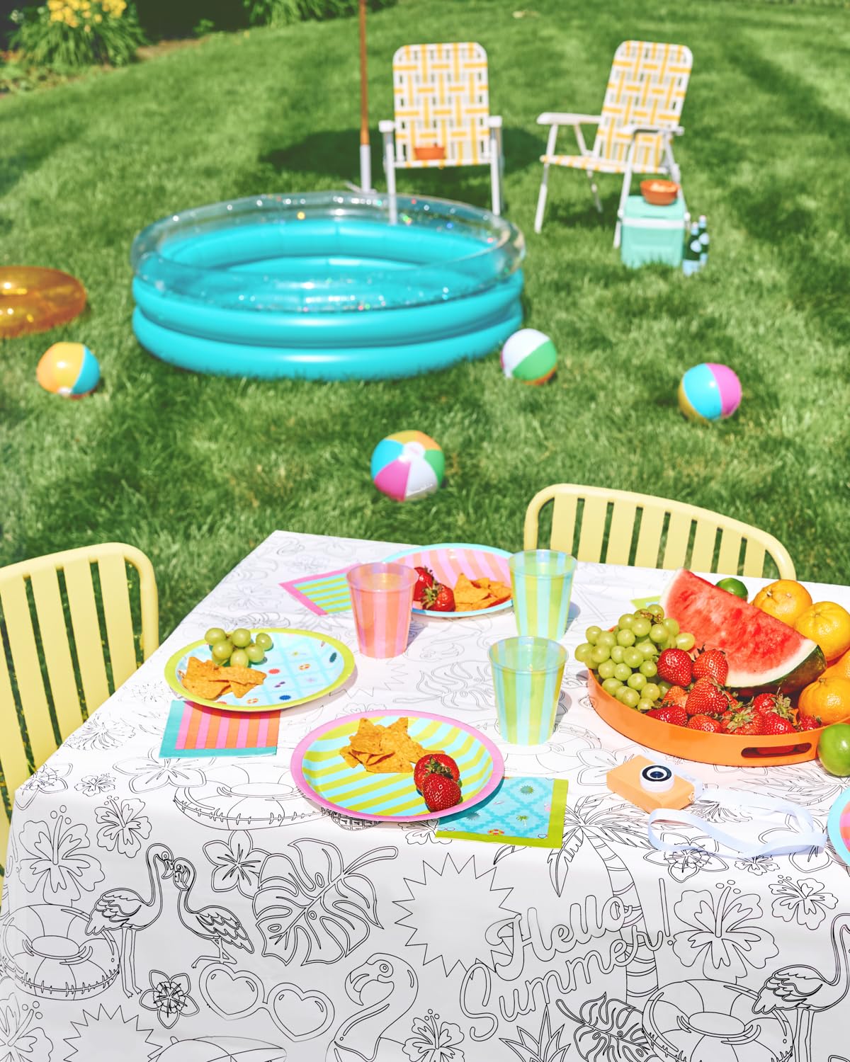 xo, Fetti Pool Party Paper Coloring Tablecloth - 9' x 4.5' | Summer Tablescape, Palm Tree Dinner Party Setting, Kids Birthday Decoration, Cute