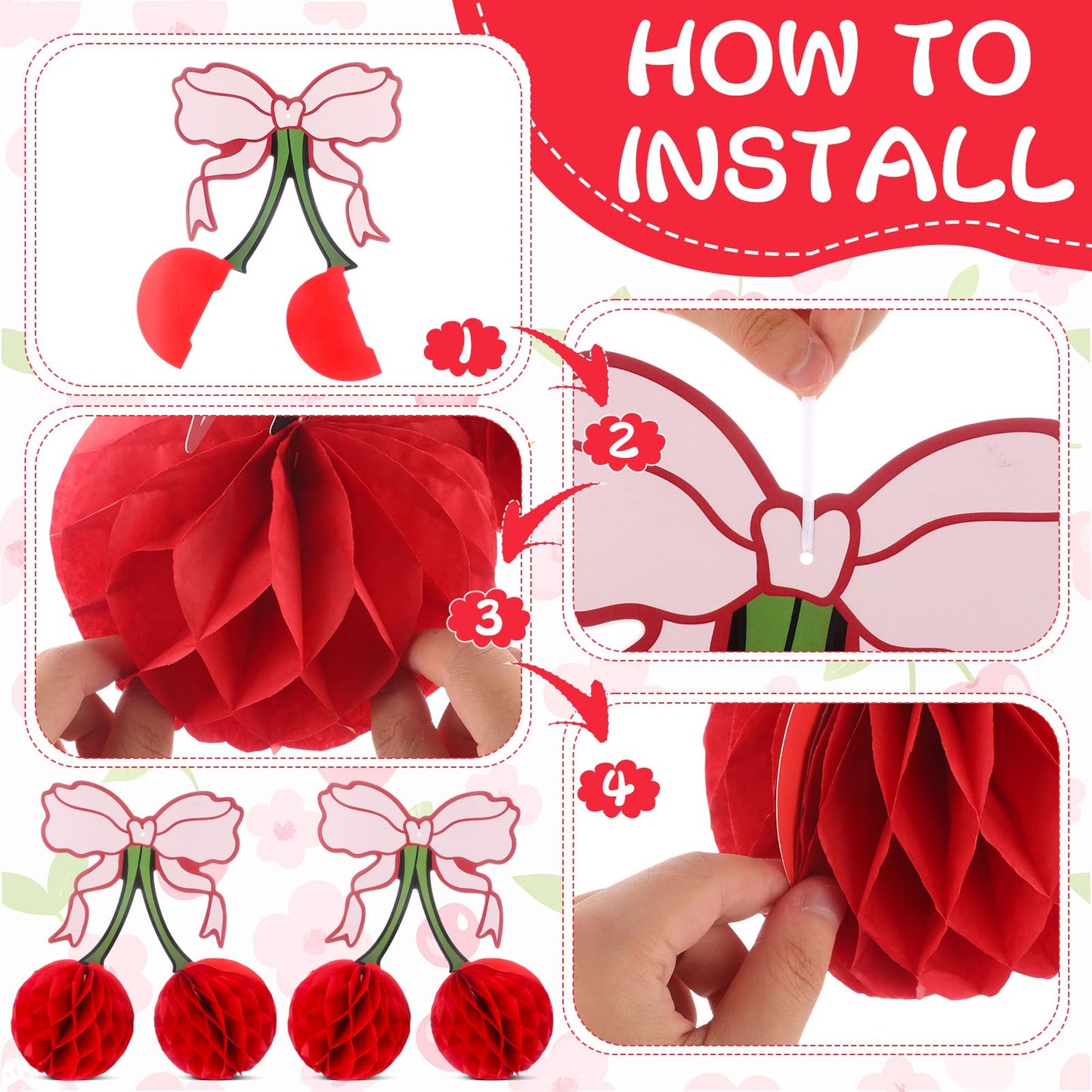 XEQWZVFR 10PCS Cherry Bow Honeycomb Decor 3D Cherry Bow Honeycomb Birthday Party Decorations Cherry Centerpiece Table Decorations Cherry-Bow Table