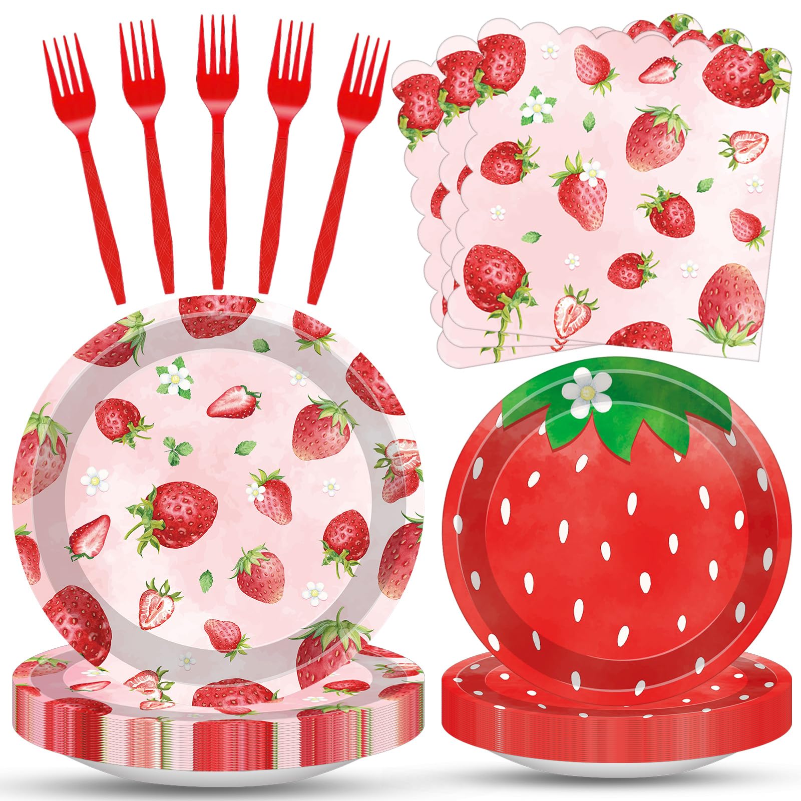 100 Pcs Strawberry Tableware Set Serves 25 - Disposable Paper Plates Napkins Plastic Forks, 9 Inch & 7 Inch Plates Berry Sweet Themed Party Supplies