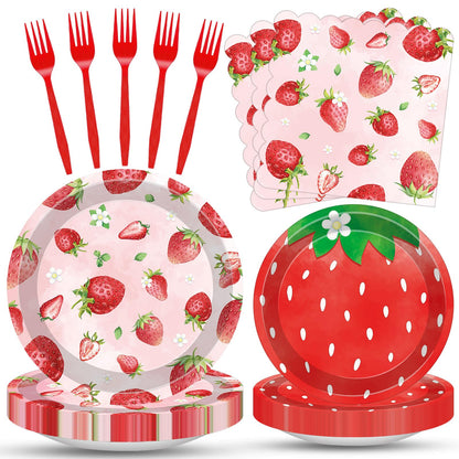 100 Pcs Strawberry Tableware Set Serves 25 - Disposable Paper Plates Napkins Plastic Forks, 9 Inch & 7 Inch Plates Berry Sweet Themed Party Supplies