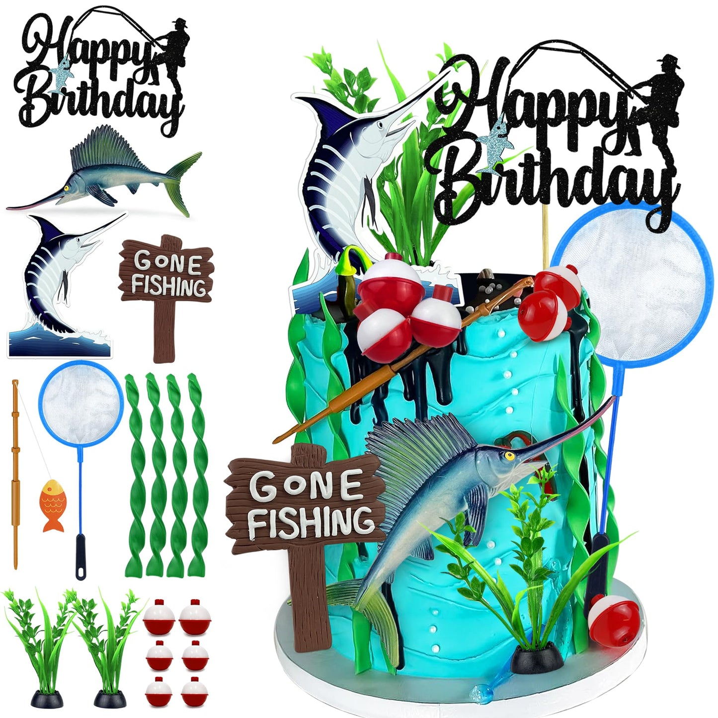 18 PCS Gone Fishing Cake Topper Decoration for Fisherman Themed Birthday Retirement Party Supplies