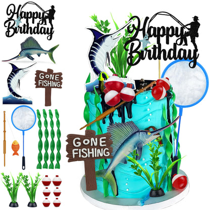 18 PCS Gone Fishing Cake Topper Decoration for Fisherman Themed Birthday Retirement Party Supplies