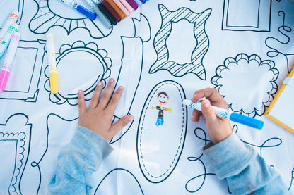 Frame Fun Design - Square Tablecloth 60”X60” - Interactive Coloring Tablecloth for Kids - Poly/Cotton Fabric - Washable and Reusable - DIY Coloring