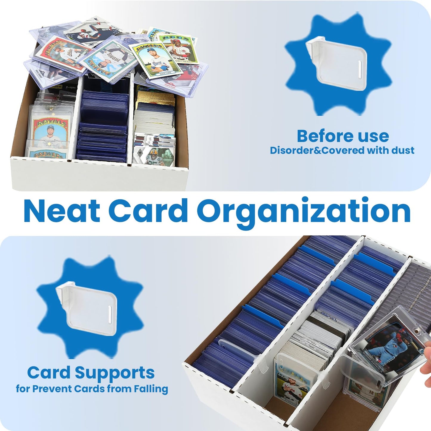 MZONGZI 3 Row Trading Card Storage Box - Holds 2400 Cards, Fits Toploaders & Magnetic Cases, Includes 50 Sleeves, 8 Dividers & 3 Supports - Sport Card
