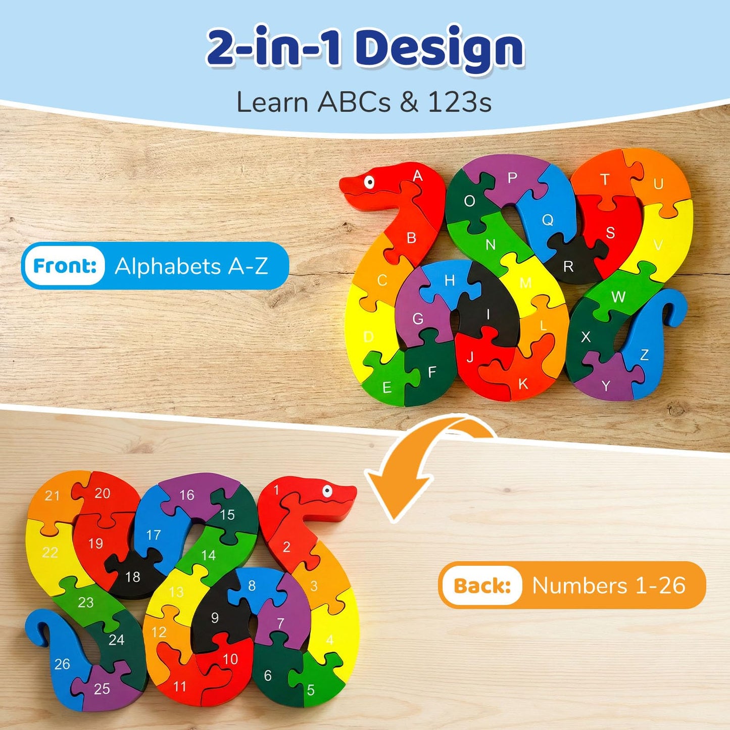 LovesTown Wooden Puzzles for Kids, Double Sided Snake Jigsaw with Alphabet & Numbers, Montessori Educational Toy for Toddlers, Chunky Animal Gift