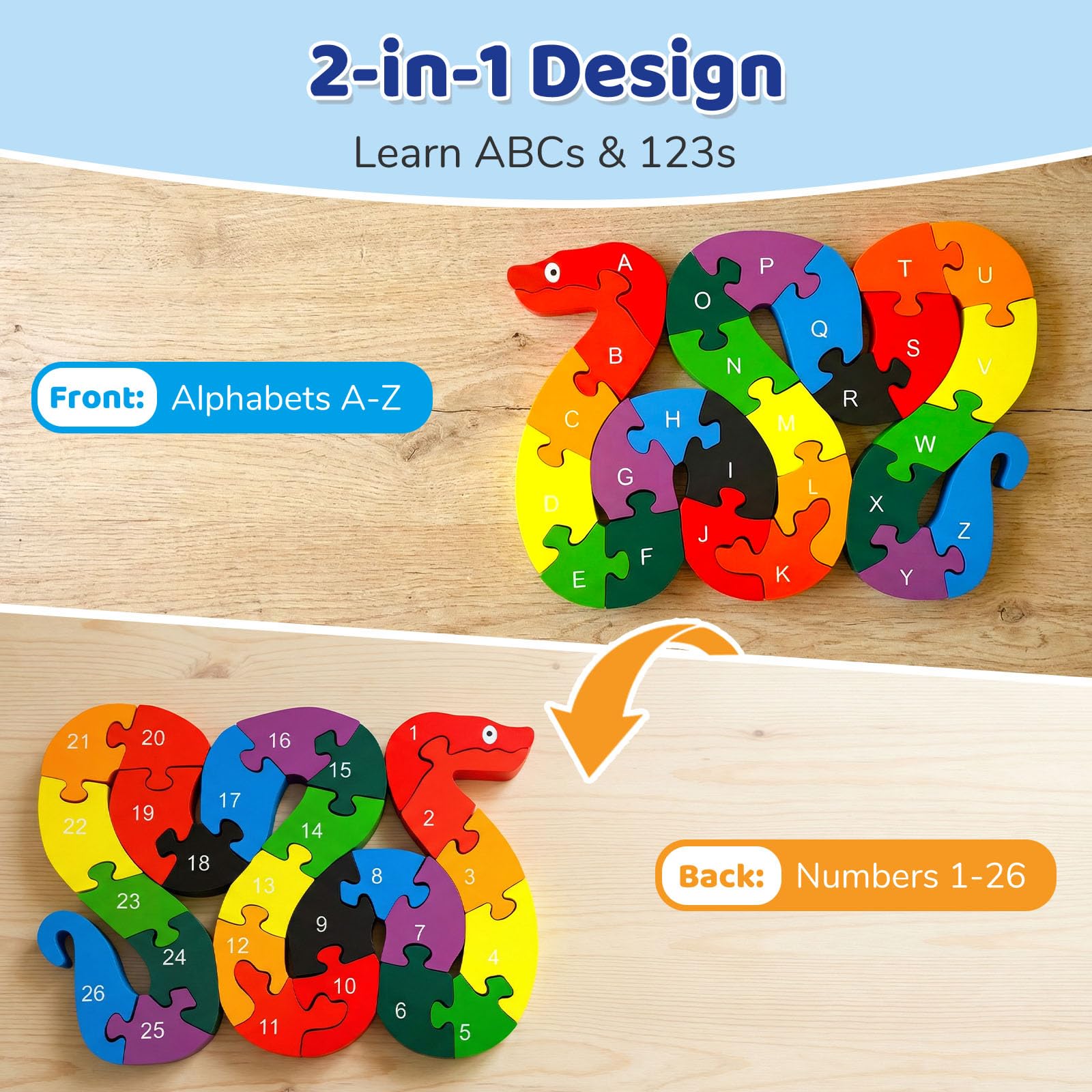 LovesTown Wooden Puzzles for Kids, Double Sided Snake Jigsaw with Alphabet & Numbers, Montessori Educational Toy for Toddlers, Chunky Animal Gift