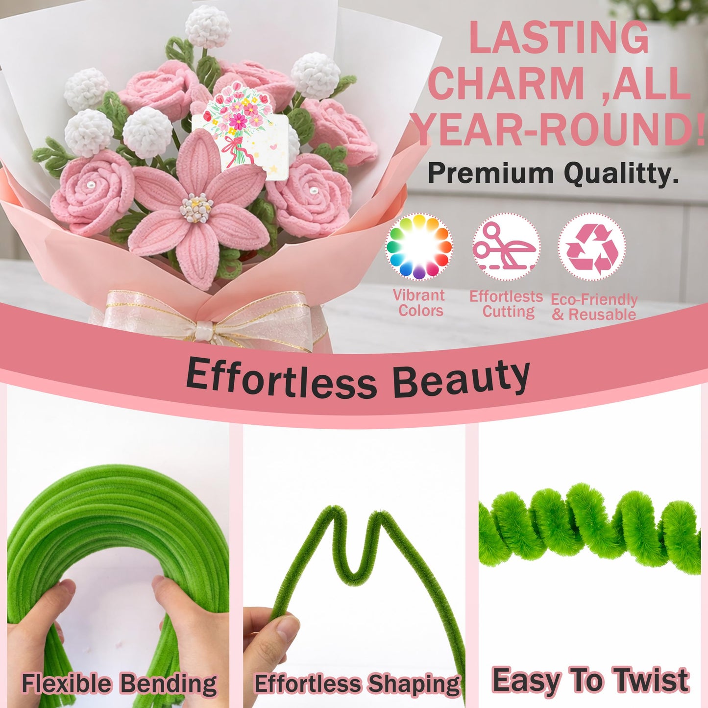 Party Rose 650PCS Pipe Cleaners Craft, Pipe Cleaner Bulk Flower Kit, 6 Colors Chenille Stems Flower Making Kit with Floral Wires, Gardening Tape