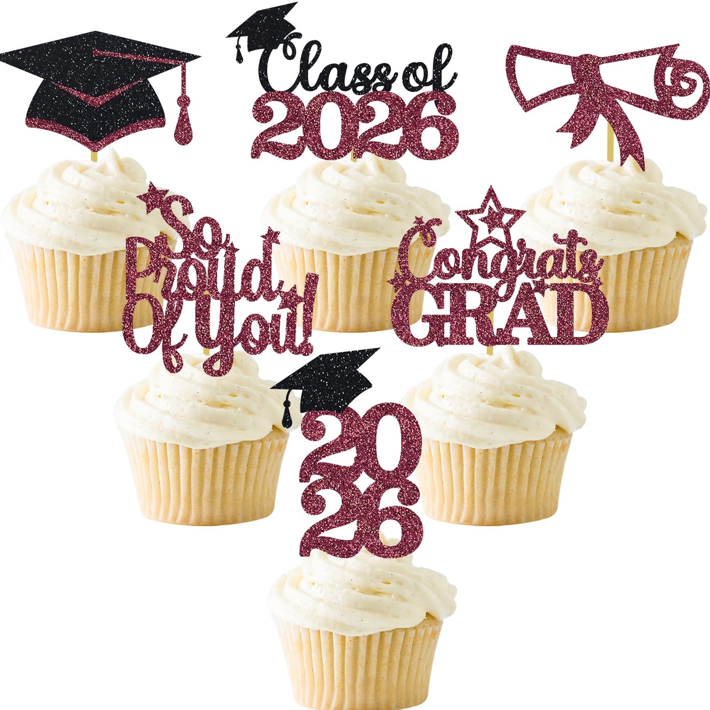 Maroon Graduation Cupcake Toppers 36PCS Glitter Proud Of You Food Picks Congrats Grad Party Table Ideas