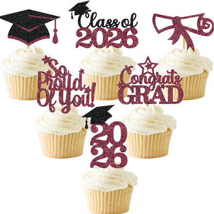 Maroon Graduation Cupcake Toppers 36PCS Glitter Proud Of You Food Picks Congrats Grad Party Table Ideas