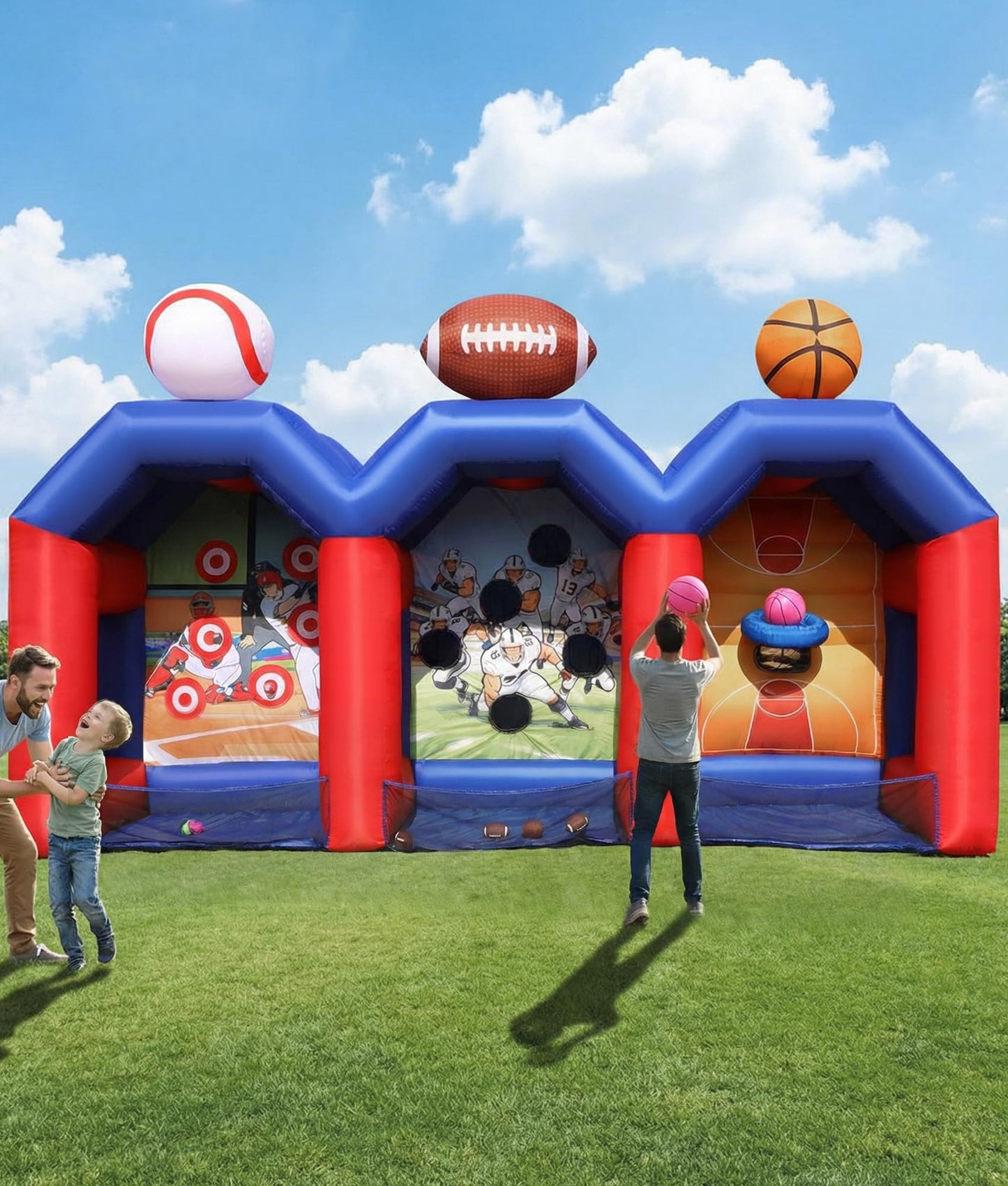 Inflatable Carnival Games, Extra Large 3-in-1 Sports Arena with Basketball, Football & Baseball Toss, Includes 750W Blower for Family Gatherings, Lawn