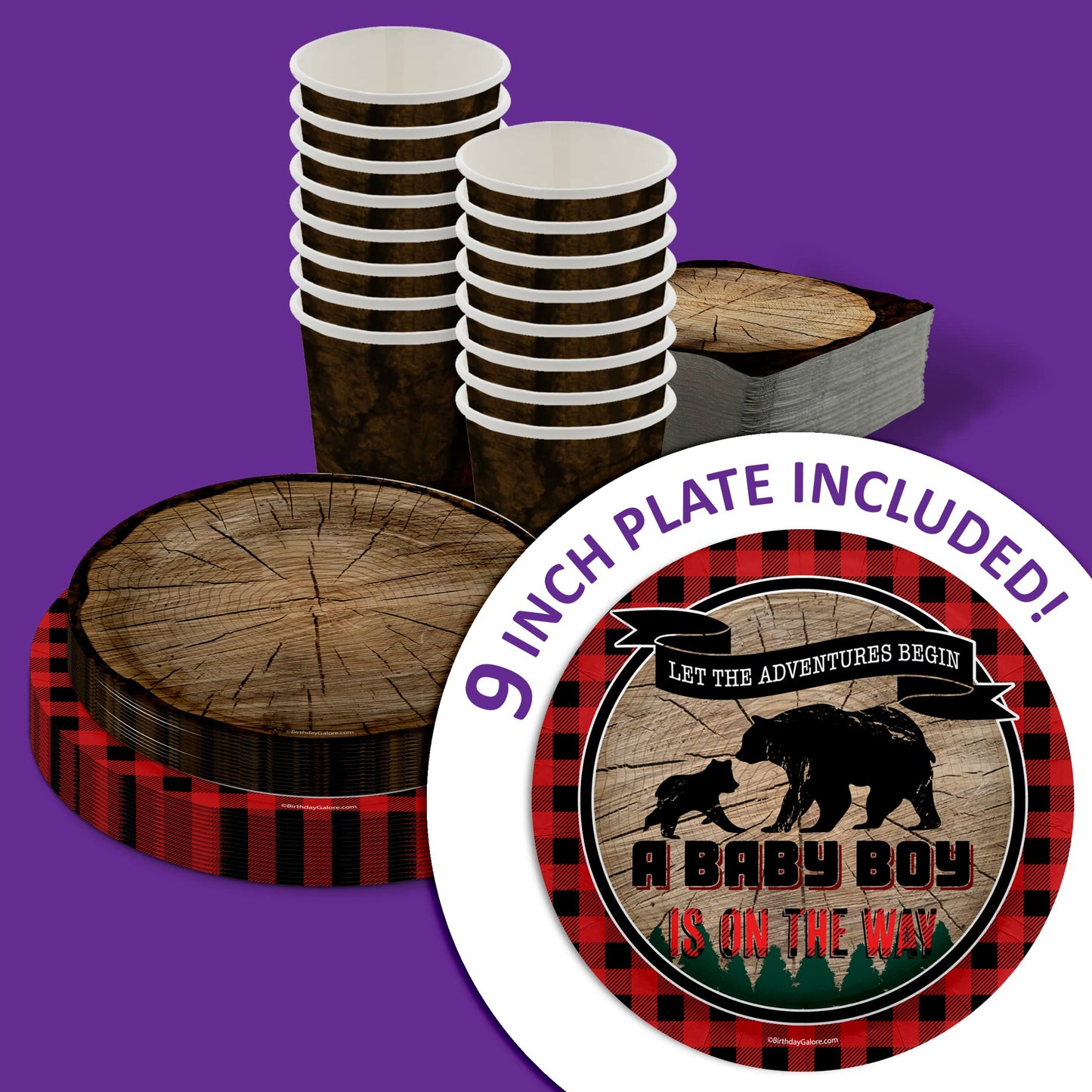 Let The Adventures Begin Tree Boy Baby Shower Party Supplies - 64 Piece Rustic Baby Shower Tableware Set Includes Large 9" Dinner Plates and 7"