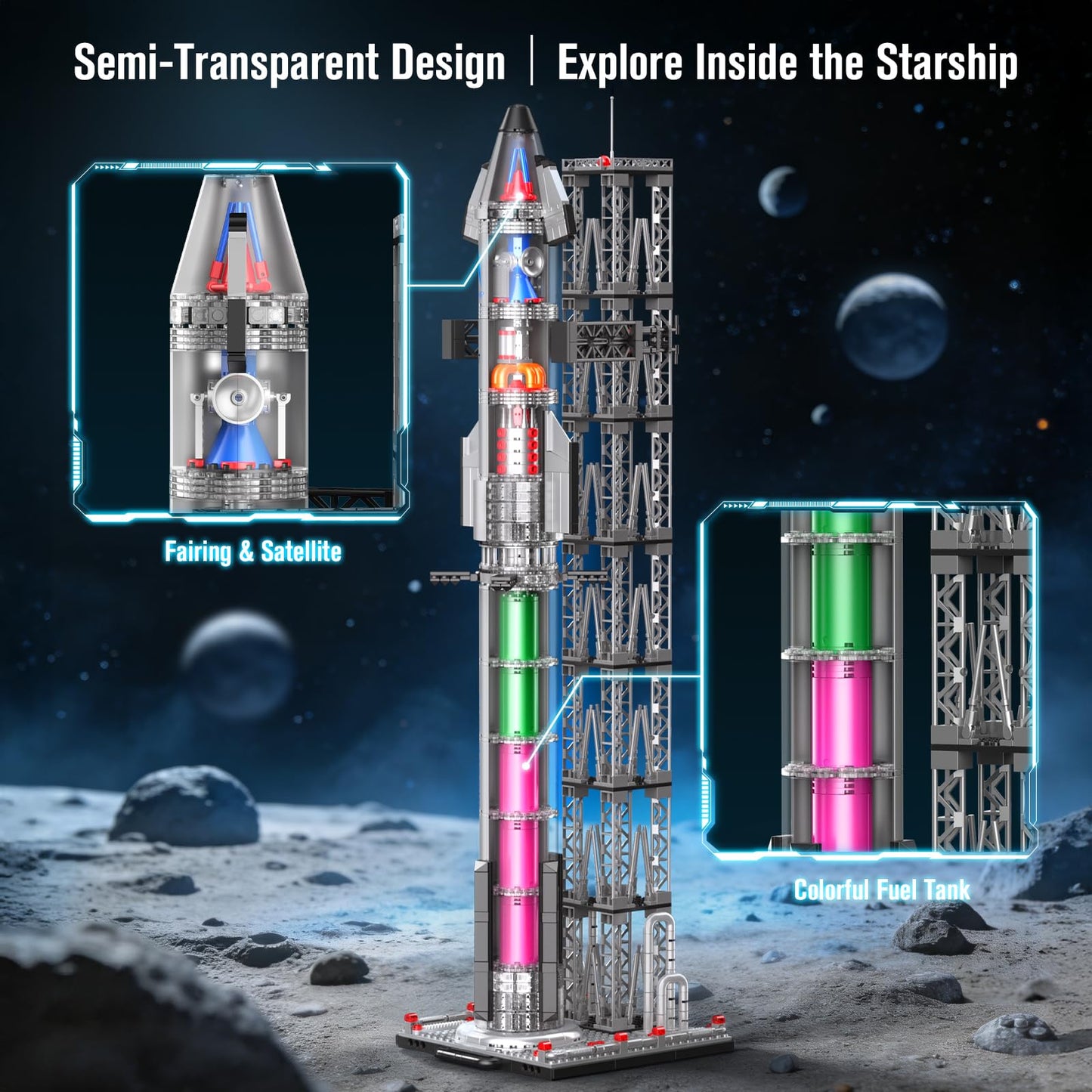 Mould King 21077 Space Rocket Building Blocks Set, 1231+PCS Semi-Transparent Space Shuttle Model, Collectible Spaceship Exploration Rockets for Adults