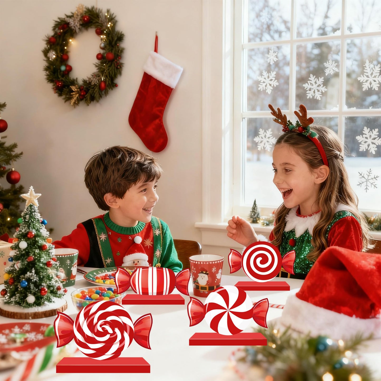 Pezutoi Christmas Table Decorations Wood Candy Set for Xmas Red & White Peppermint Christmas Home Desk Office Party Decoration