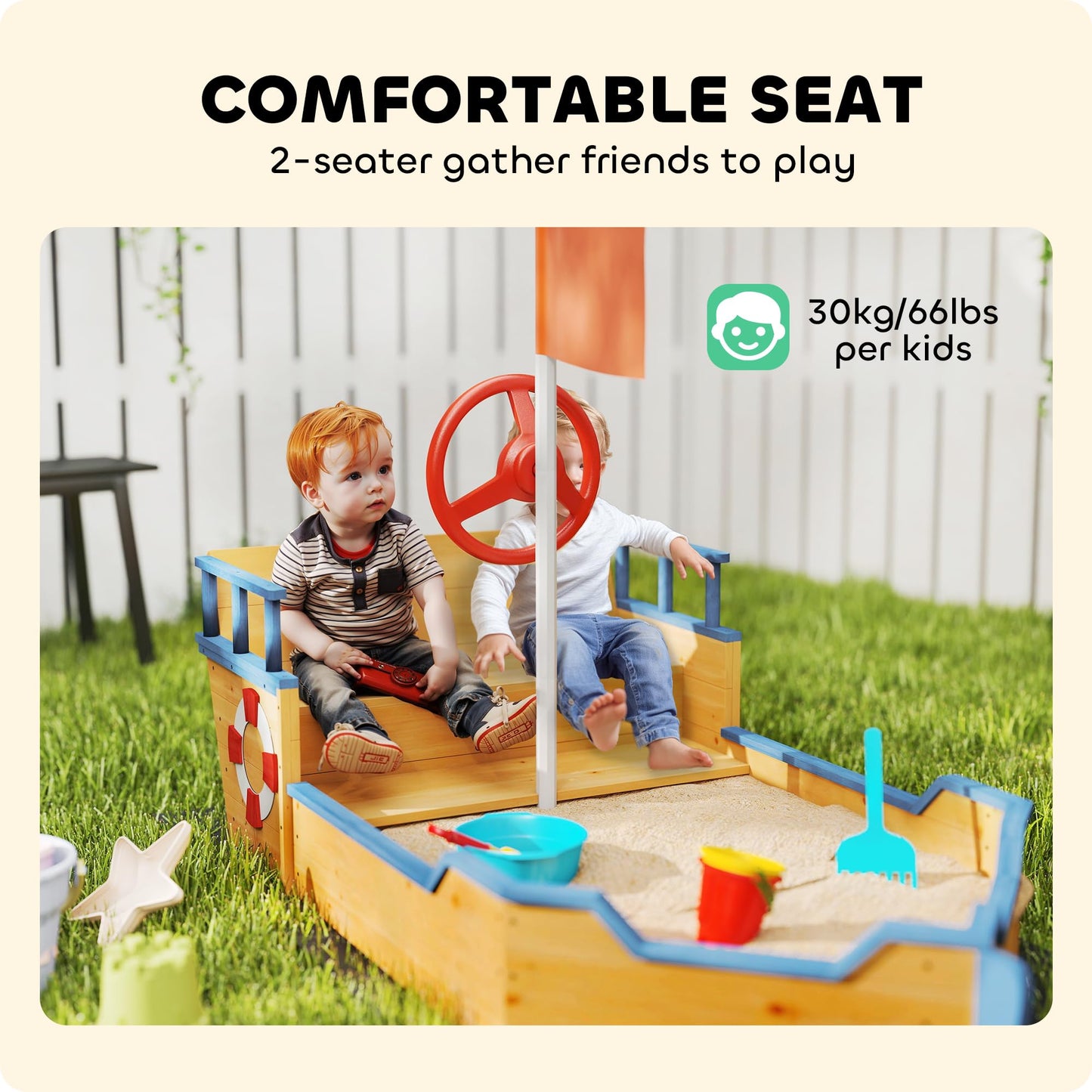 Outsunny Wooden Kids Sandbox Ship-Shape Outdoor Sandboat Natural Wood