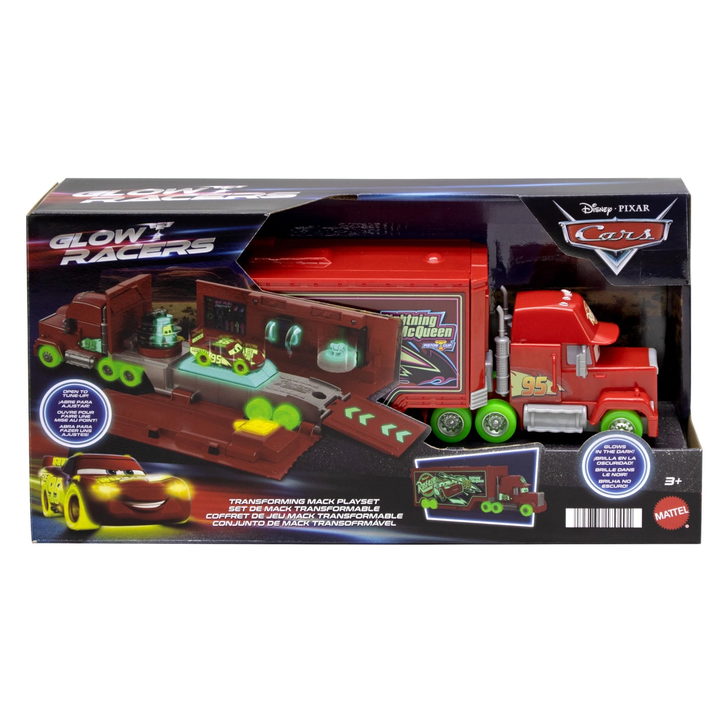 Mattel Disney Pixar Cars Glow Racers Transforming Mack Playset, 2-in-1 Glow-in-The-Dark Toy Truck & Tune-Up Station with Launcher, Lift & More