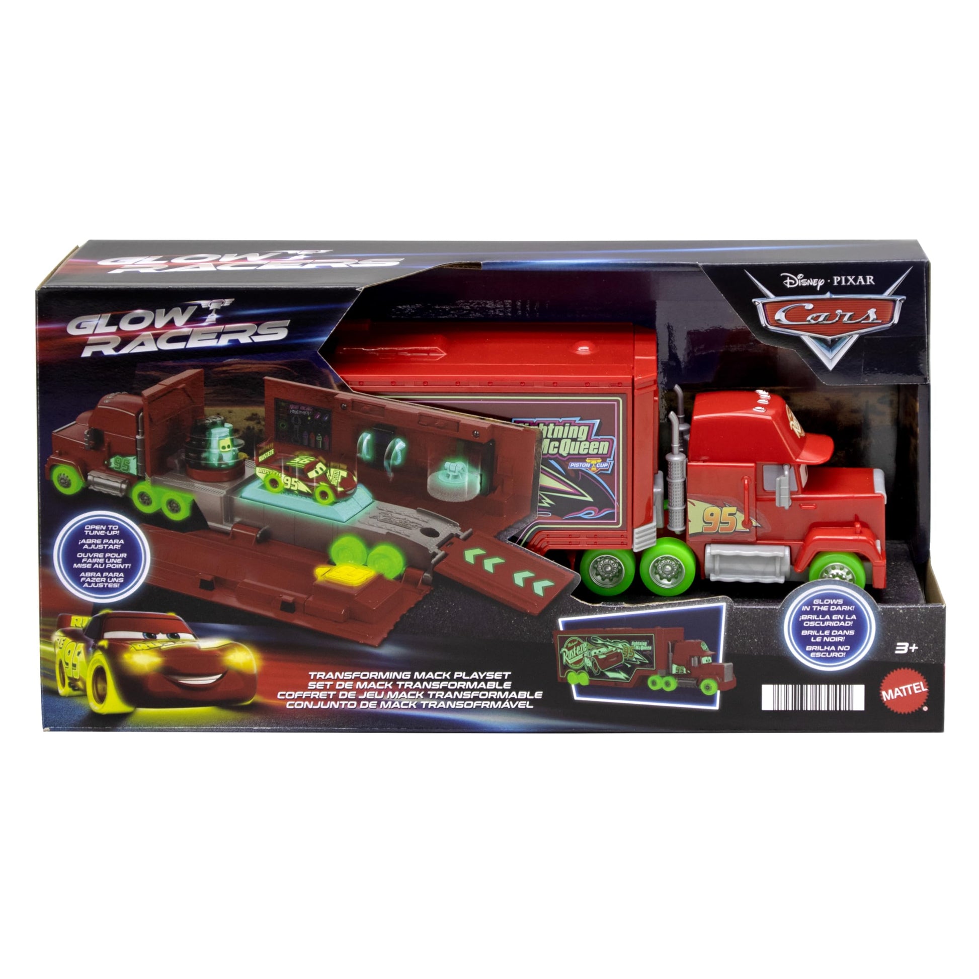 Mattel Disney Pixar Cars Glow Racers Transforming Mack Playset, 2-in-1 Glow-in-The-Dark Toy Truck & Tune-Up Station with Launcher, Lift & More