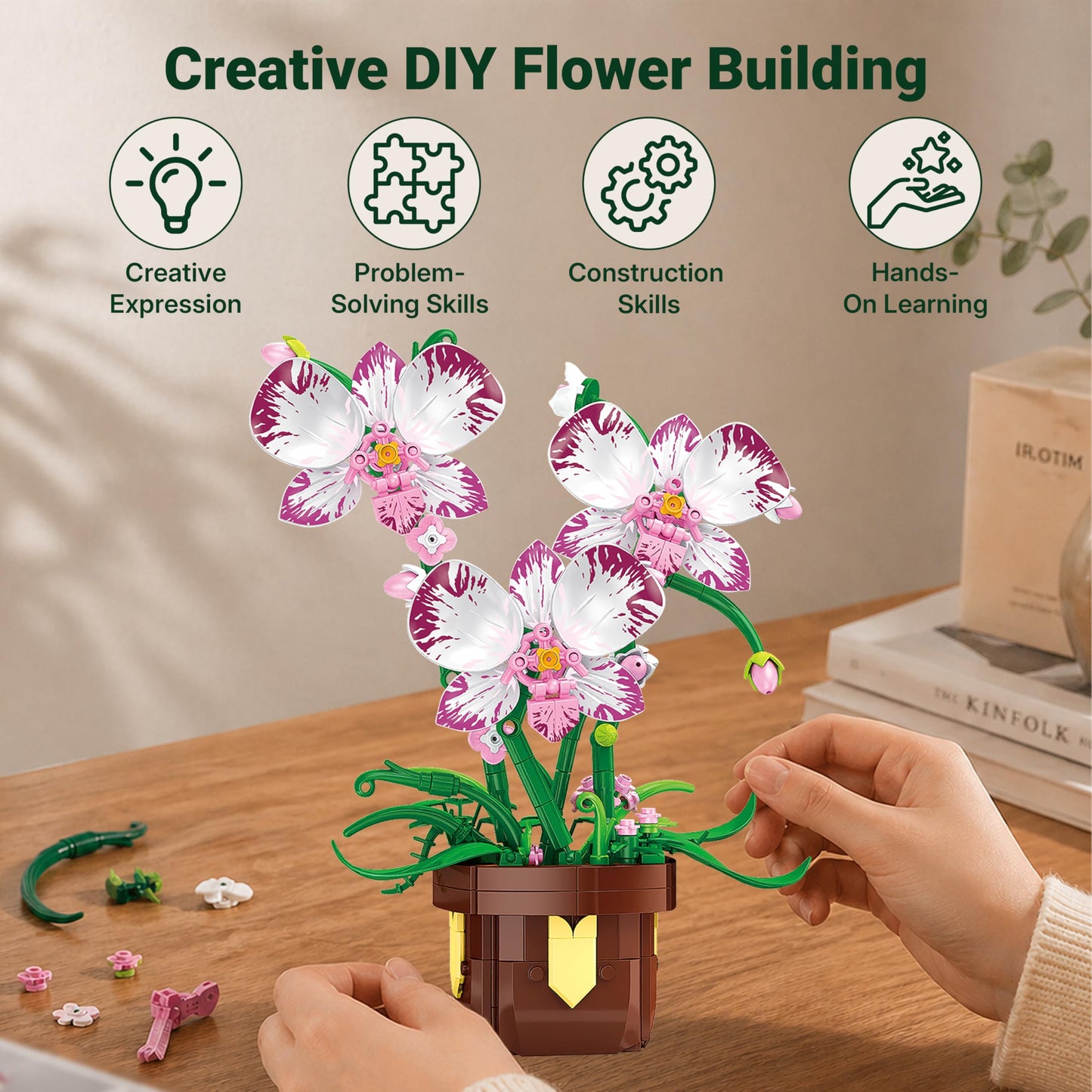 IBLOTIME Orchid Building Blocks, Flower Building Set, Botanical Orchid Plant 355 Pieces, DIY Decorative Desk Decor, Birthday Christmas for Teens