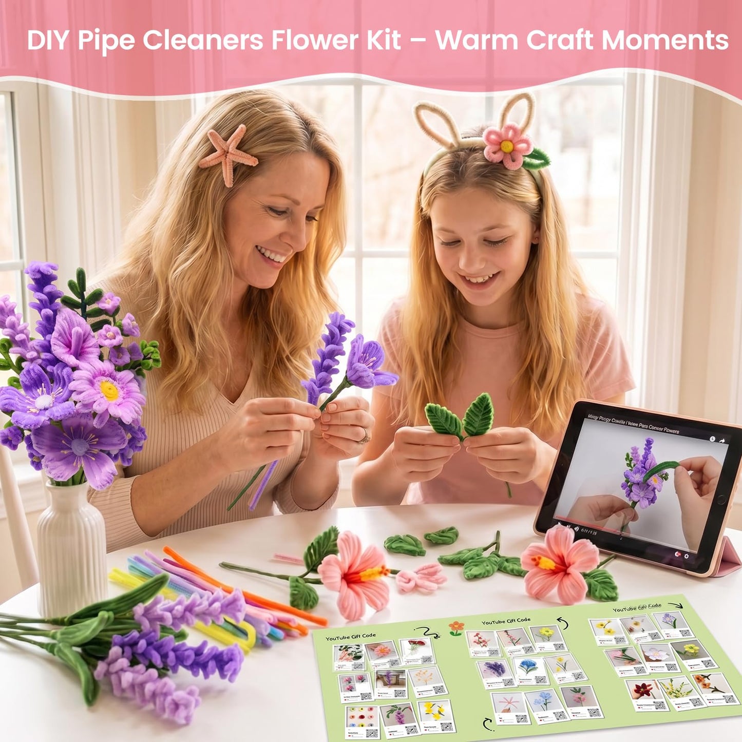 660 PCS Pipe Cleaner Flower Kit, 16 Colors Thick Chenille Stems Pipe Cleaner Bulk, Pipe Cleaners Craft Supplies with Viedo Instruction, Floral Wires