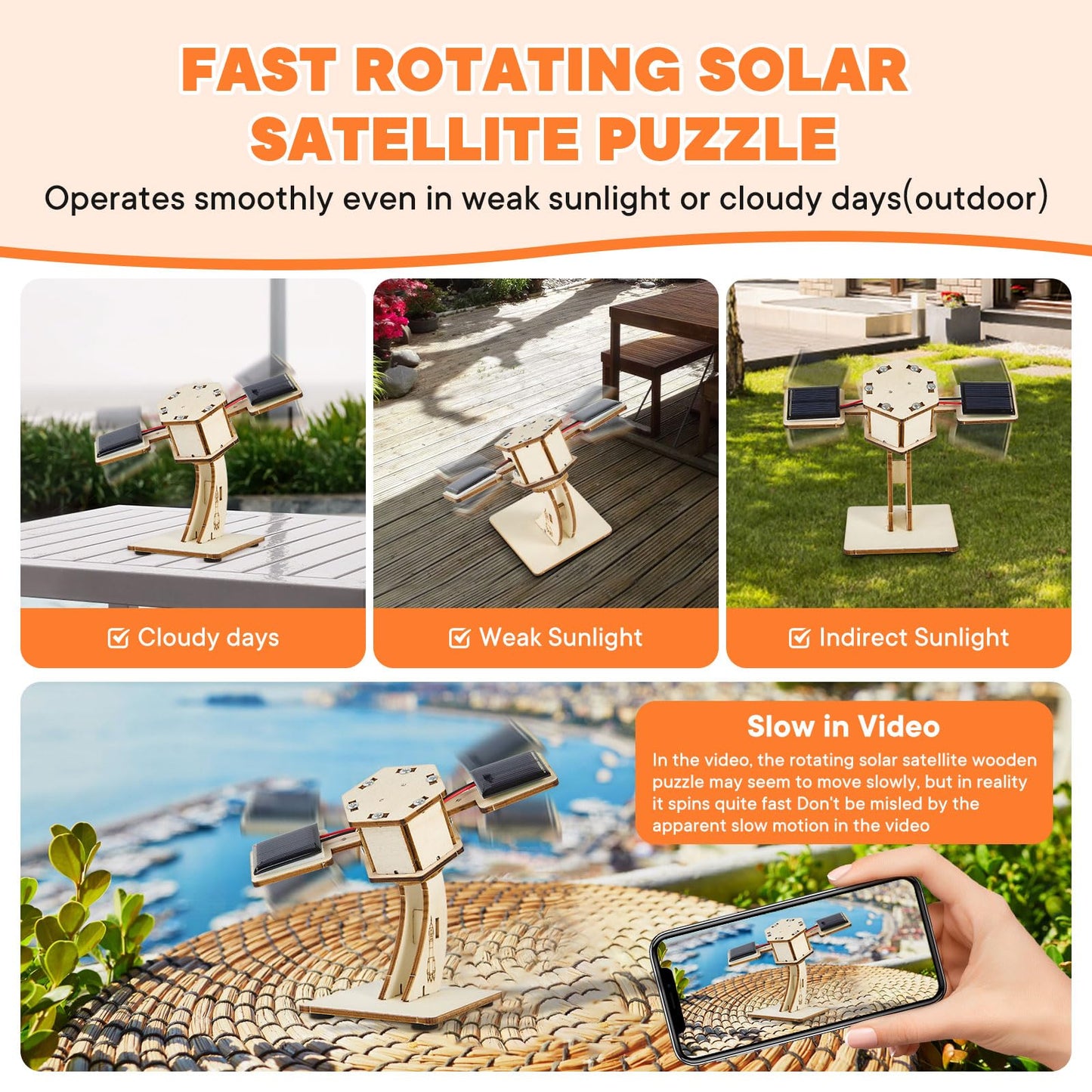 DIY Rotating Solar Satellite - 3D Wooden Puzzle Building Toy.STEM Educational Science Craft Model Kit for Kids.Creative Artificial Satellite Space