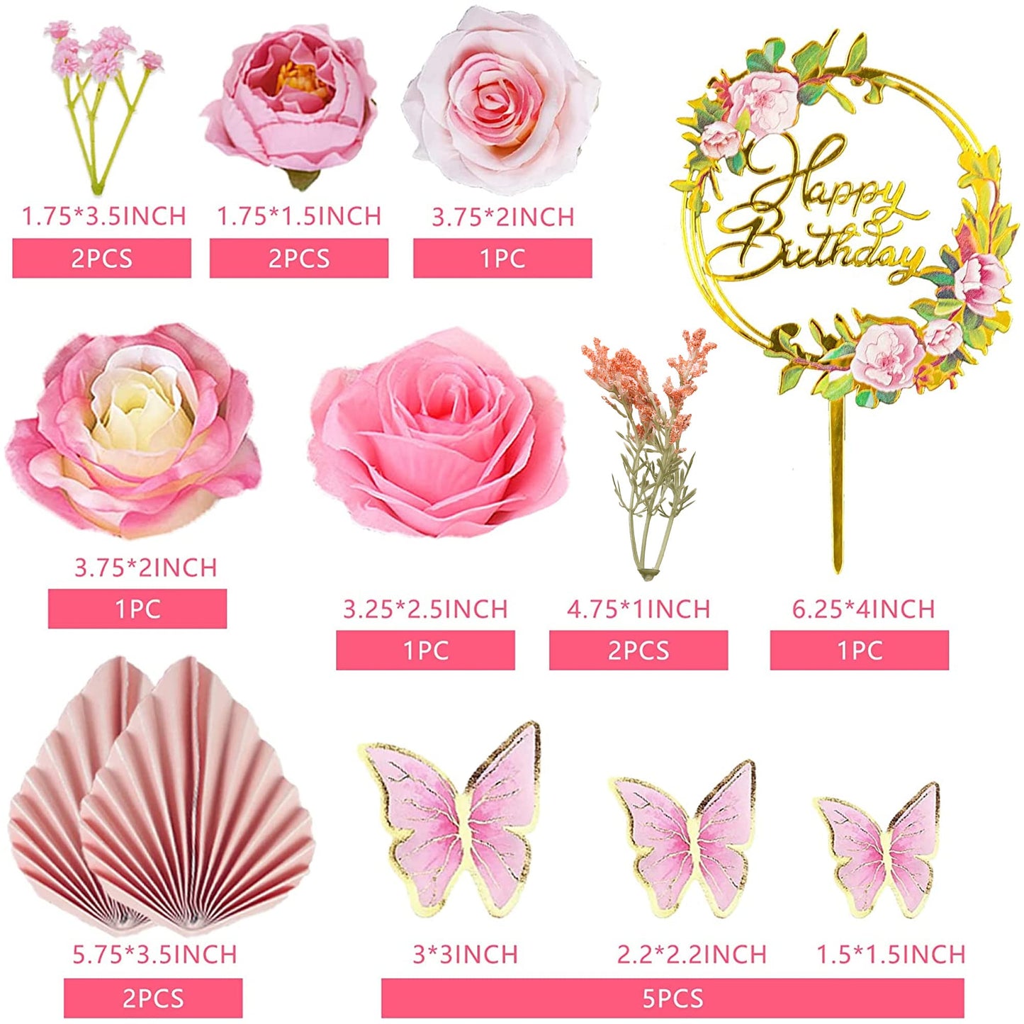 17 PCS Flower Cake Toppers Boho Cake Toppers Butterfly Cake Decorations with Light Artificial Roses Eucalyptus for Wedding Birthday Supplies (Light