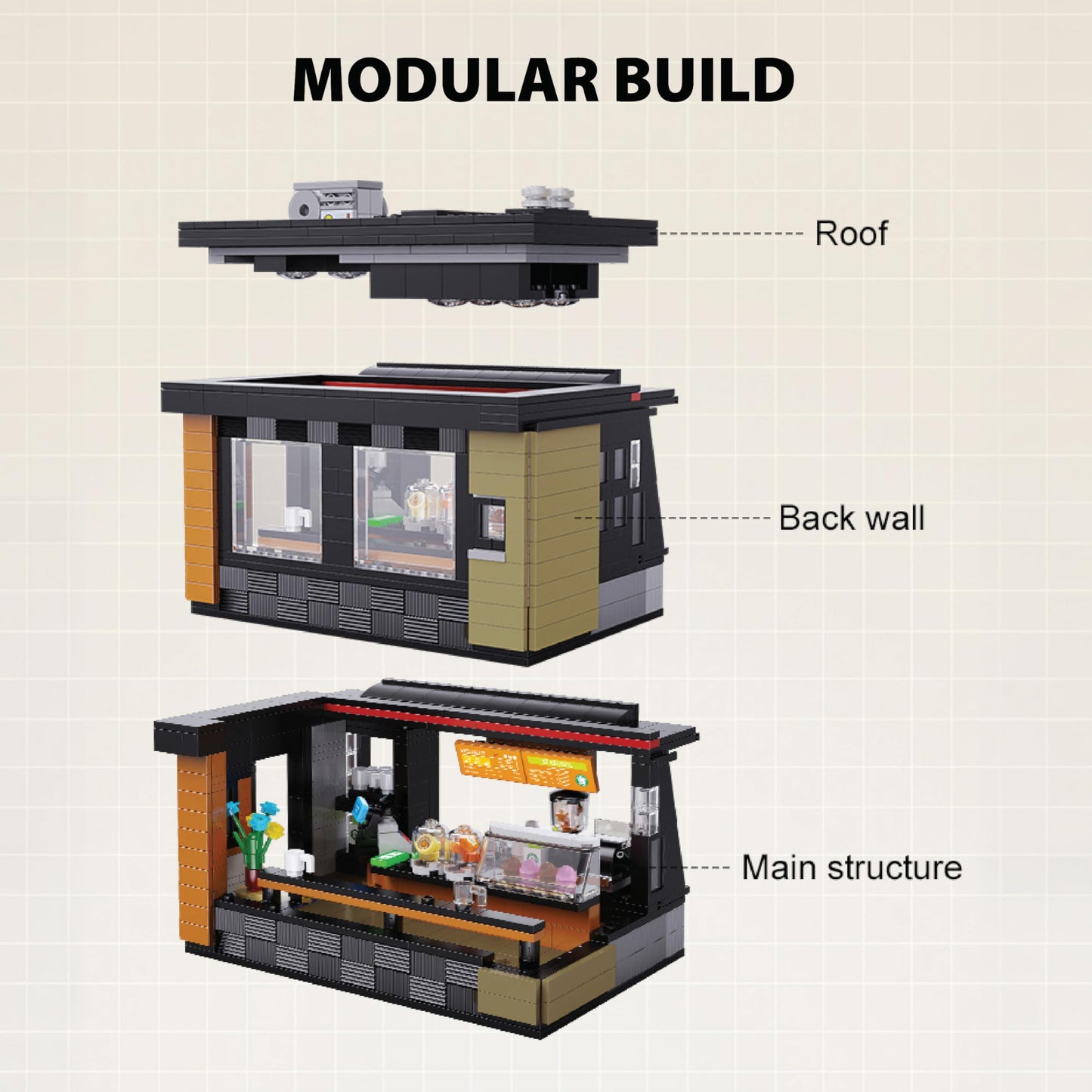 CADA Bricks Coffee Shop Building Set with LED Lighting - 768 Pieces, Detailed Café Model Kit, Compatible with Major Brick Brands, Ages 8+, Gift-Ready