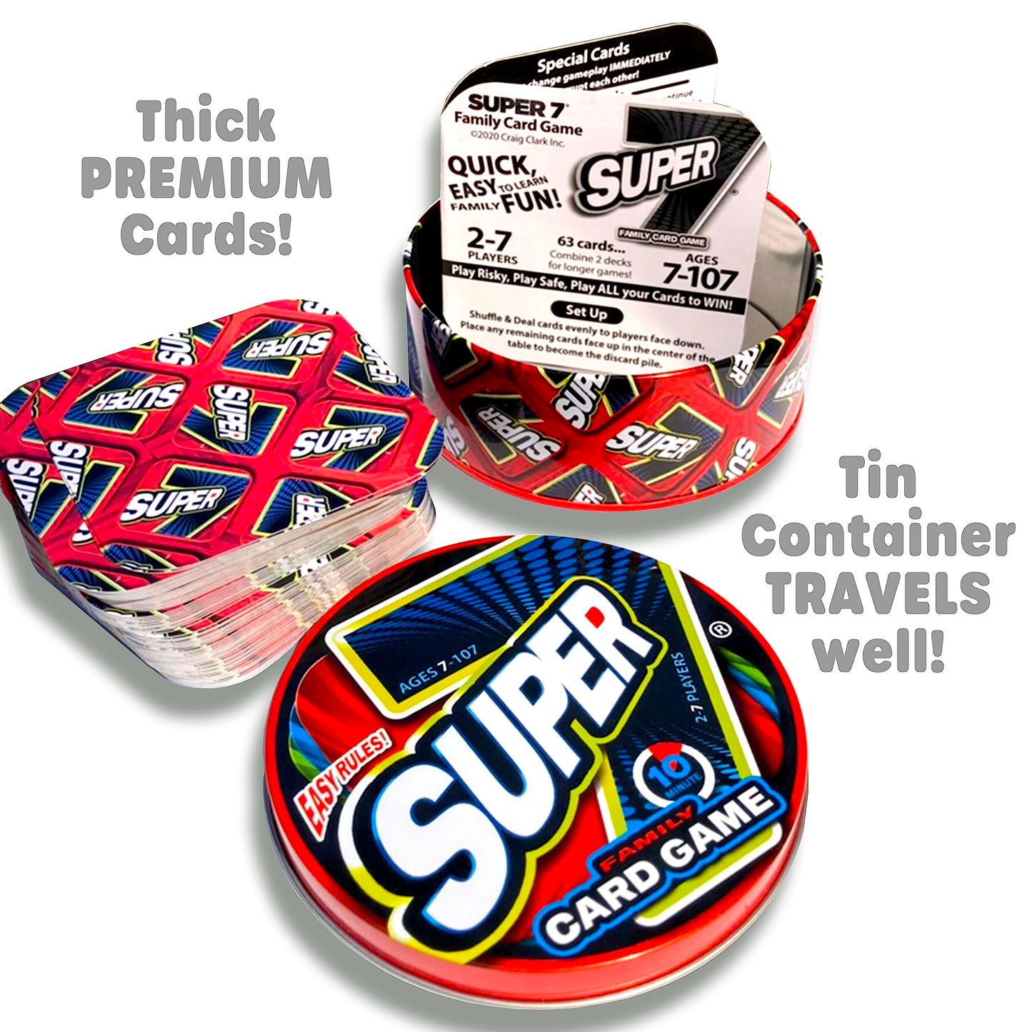 Craig Clark Inc. Super 7 Family Card Game Collectible Tin - for Kids and Adults, Family Game Night, Fast Games, Easy to Learn, 2-7 Players, Ages 7
