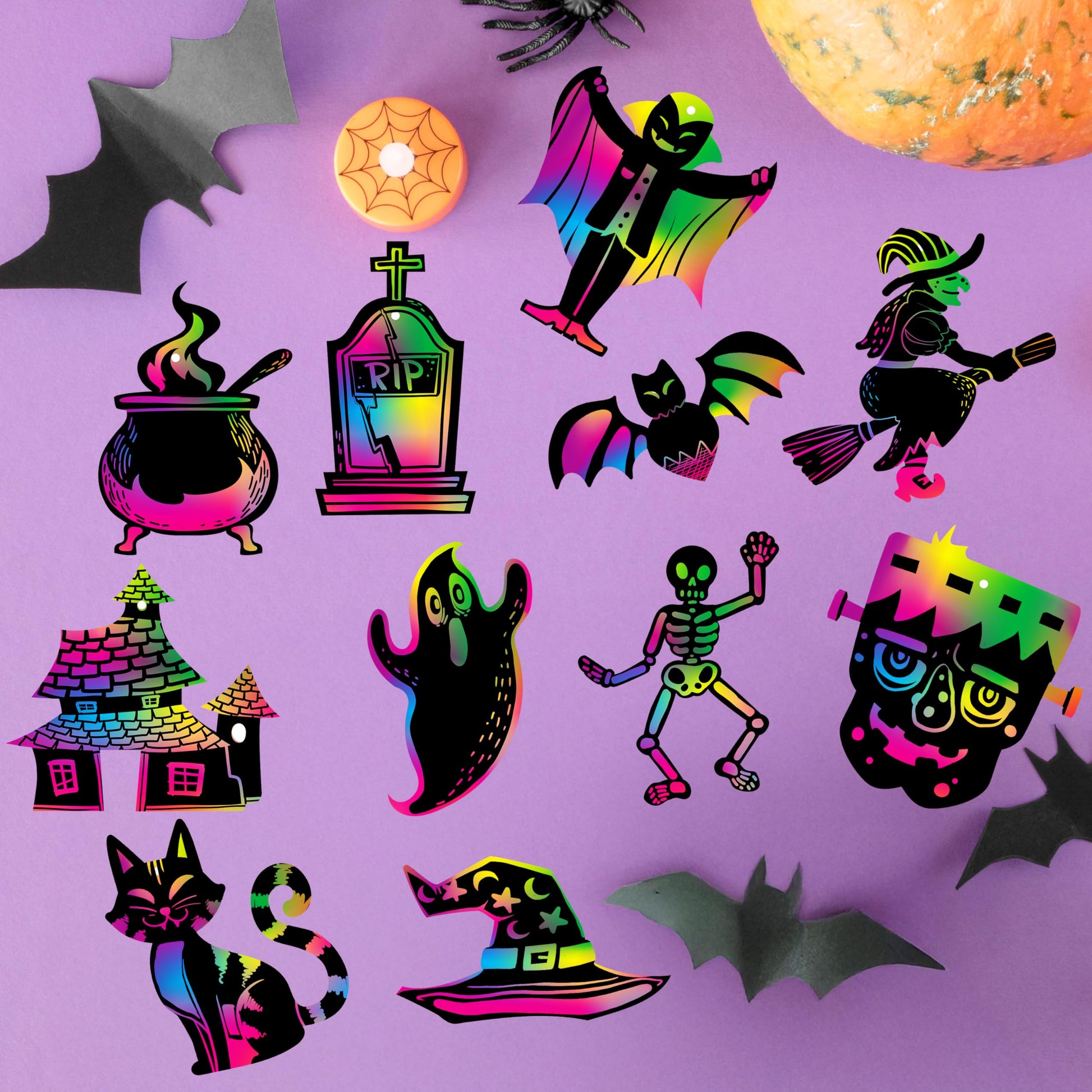 JOYIN 120 Pcs Halloween Rainbow Scratch Art Crafts for Kid, Halloween Party Favors, Scratch Off Paper with 18 Designs for Party Supplies, Classroom