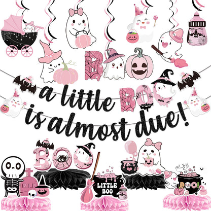 Yavxzvbw A Little Boo Is Almost Due Banner & Decorations - Pink & Black Halloween Baby Shower Party Pack