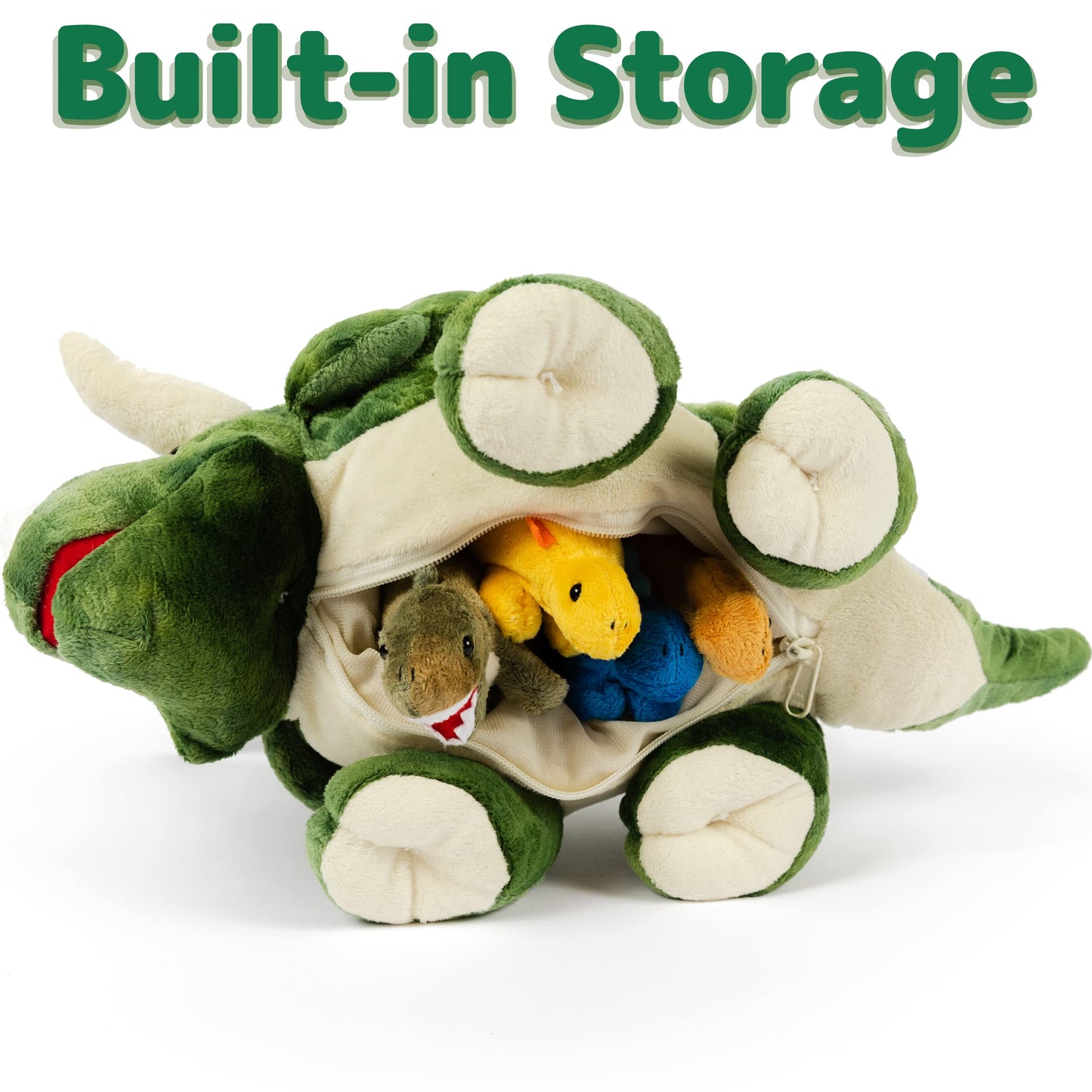 PREXTEX 15-Inch Triceratops Dinosaur Stuffed Animal Set with 4 Dino Plush Toys Inside, Large Zippered Pouch Dinosaur for Boys and Girls, Stuffed