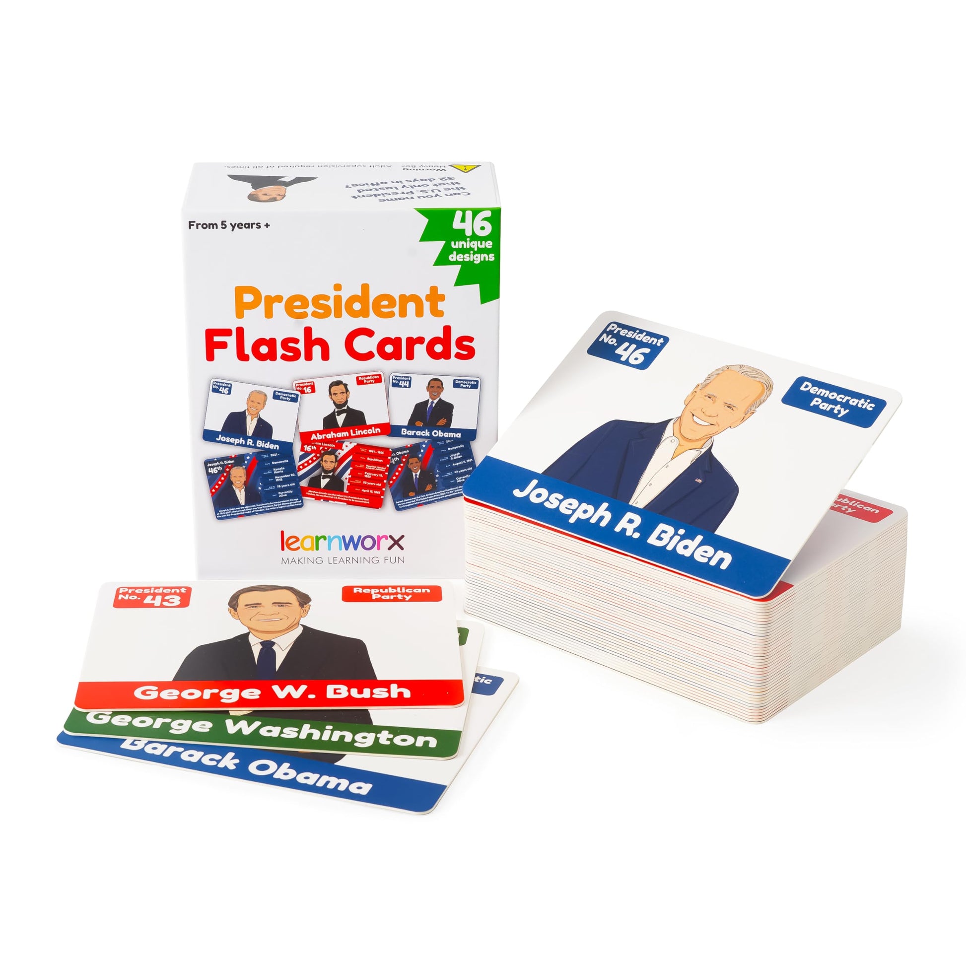 US Presidents for Kids Flash Cards -46 President Cards -Learn Presidents of The USA -Includes US Presidents Party & Vice President Facts -Gift - Ages