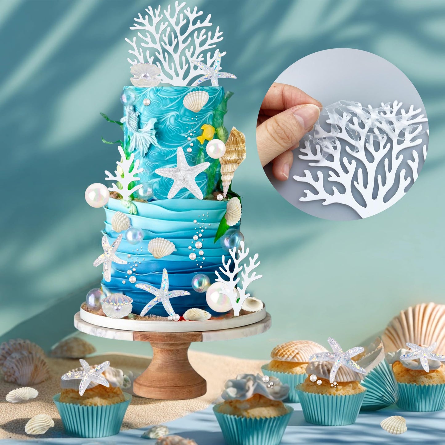 30PCS Starfish Conch Shells Coral Cake Decorations with Ball Beach Themed Ocean Summer Birthday Supplies