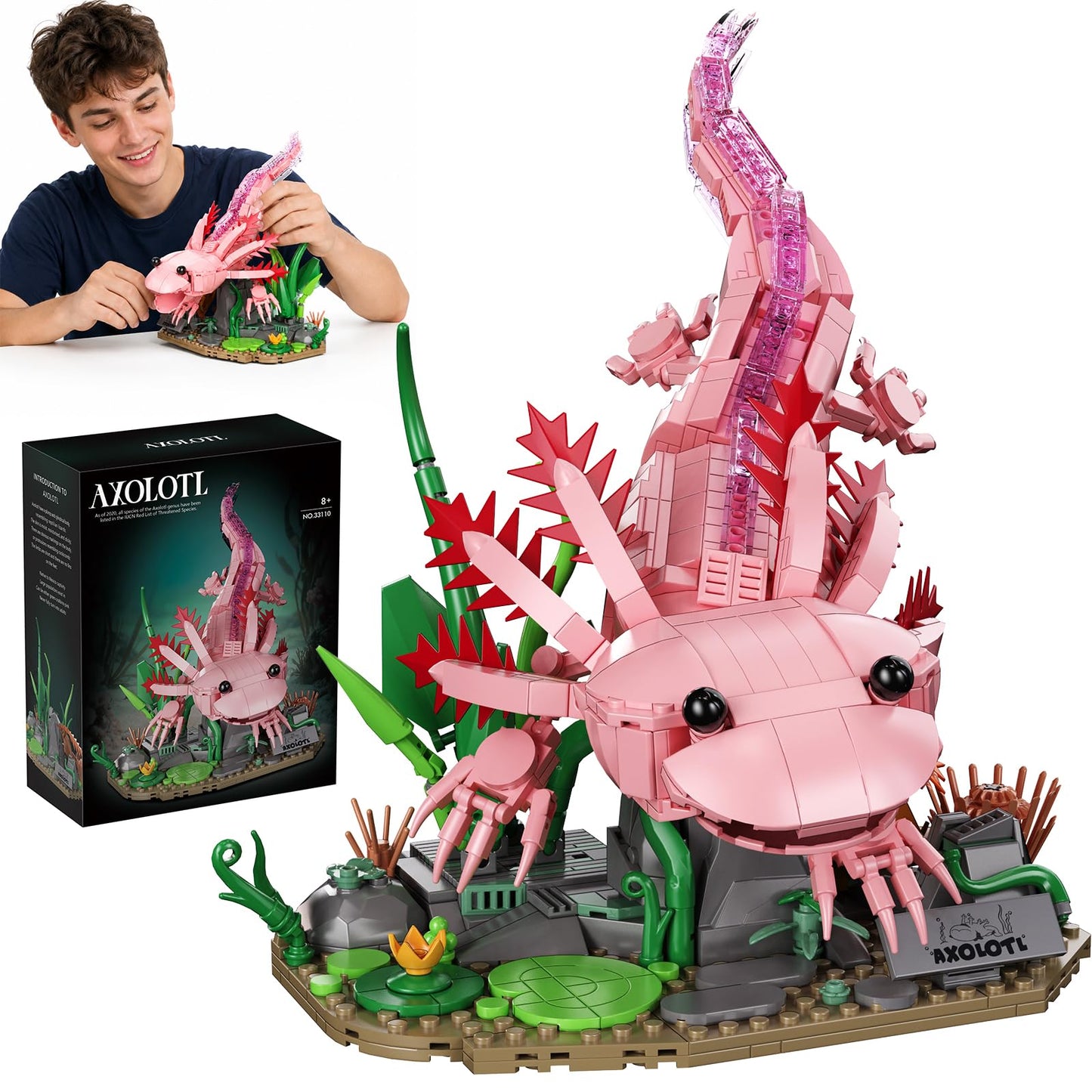 Axolotl Building Set, 998 PCS Axolotl Set for Adults & Teens 14+, Compatible with LEGO Animals Collection, Movable Salamander Model Kit with Display