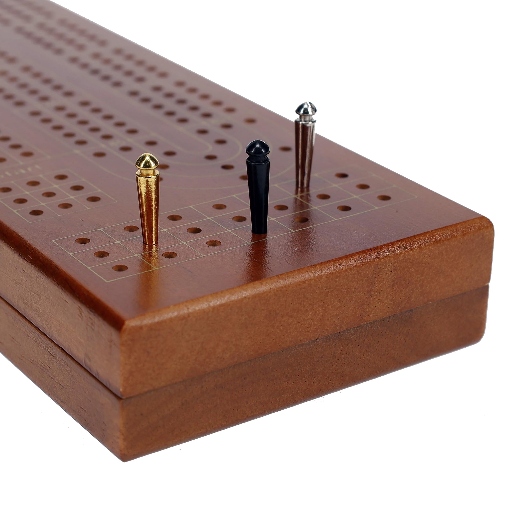 Pacific Shore Games Wooden Cribbage Board Game Set, Walnut Stained Continuous 3 Track for 2-3 Players, Card Storage