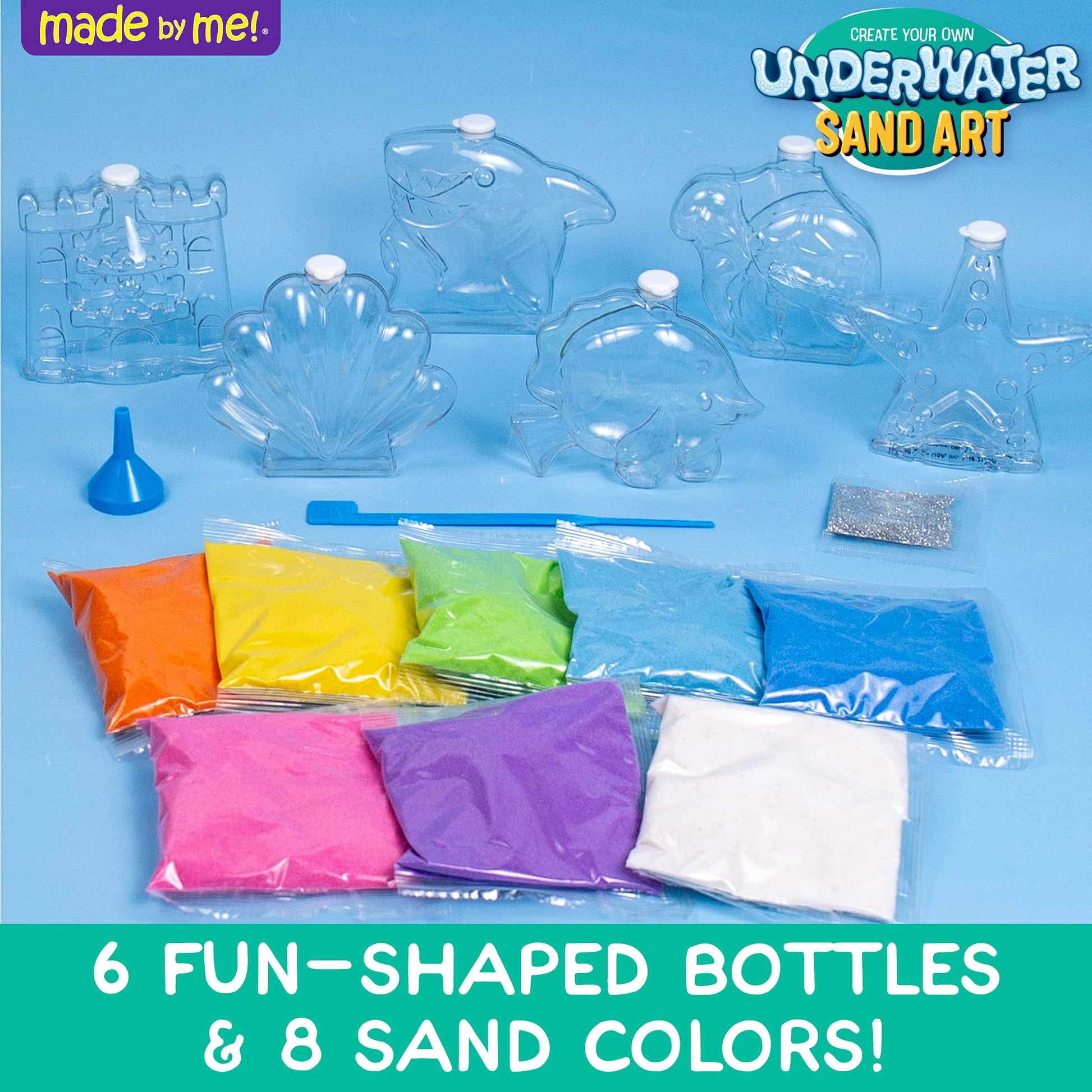 Made By Me Create Your Own Underwater Sand Art, Includes 6 Ocean-Themed Bottles, 8 Sand Colors, Glitter, & Funnel, Great Staycation or Group Activity