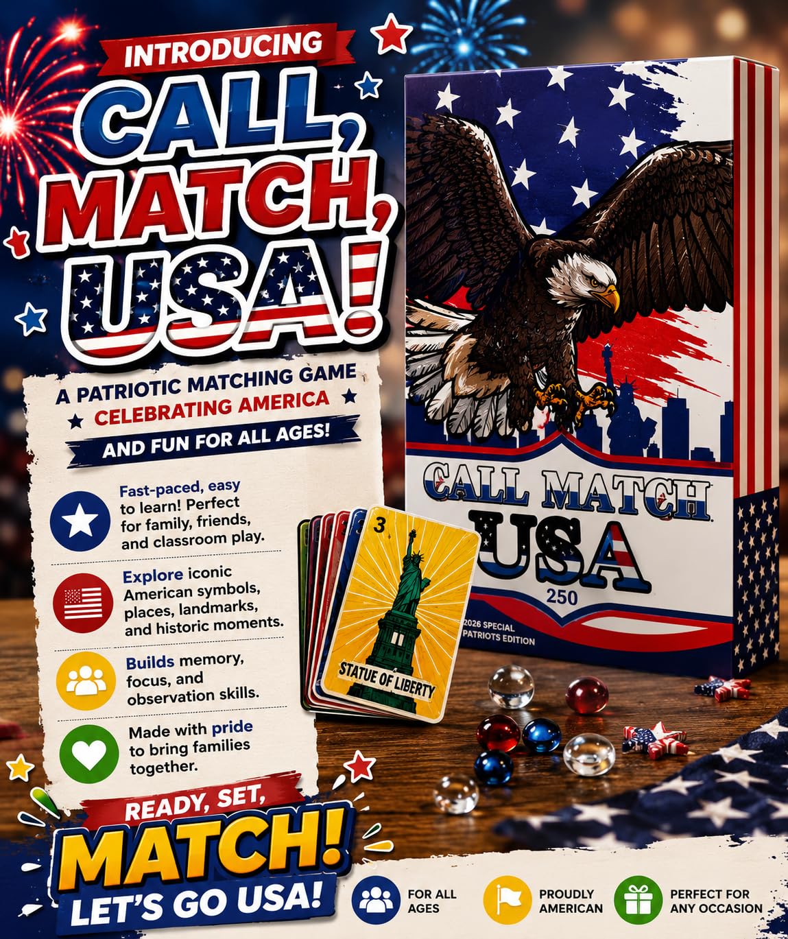 CALL.MATCH CALL MATCH USA! 250th Anniversary American Culture Matching Game | 2-25 Players | Game for All Ages