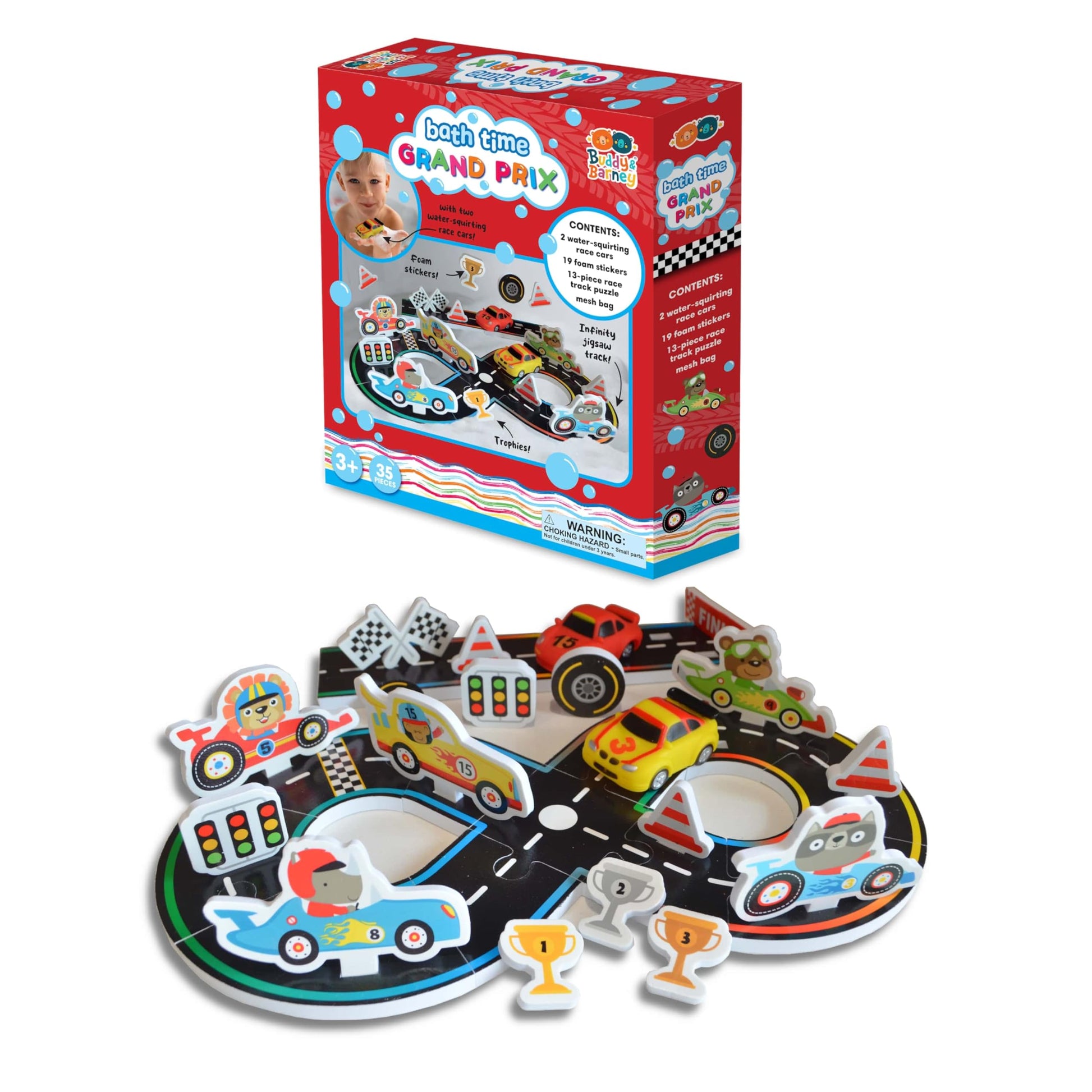 Buddy & Barney: Bath Time Grand Prix - Build A Floating Racetrack, 2 Water-Squirting Race Cars, Foam Stickers & Track Puzzle, Interactive Toy, Kids 3+