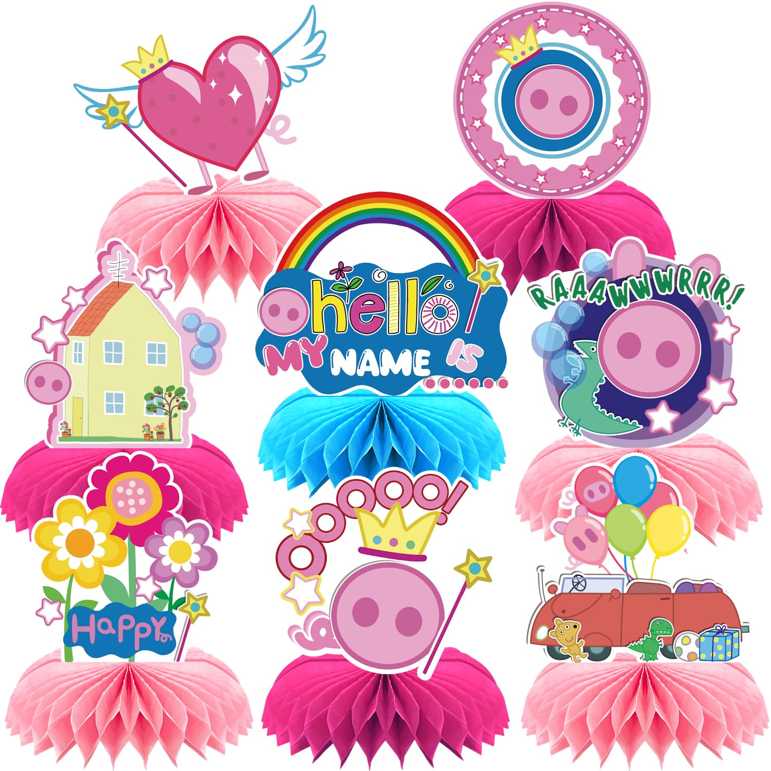 8Pcs Pink Pig Party supplies set Honeycomb Centerpieces Double Sided Table Topper for Birthday Decorations
