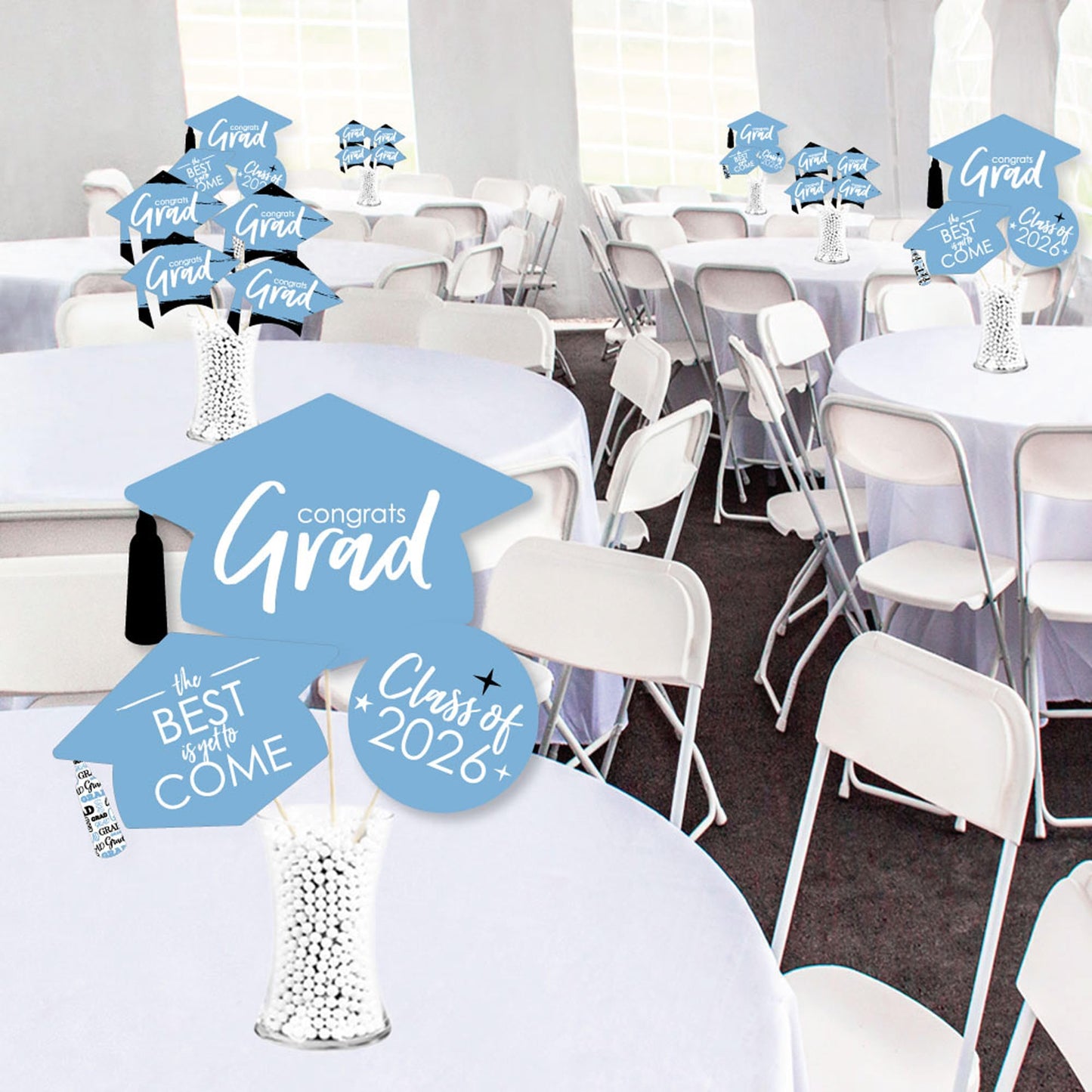 Big Dot of Happiness 2026 Light Blue Graduation Party Centerpiece Sticks - Showstopper Table Toppers - 35 Pieces