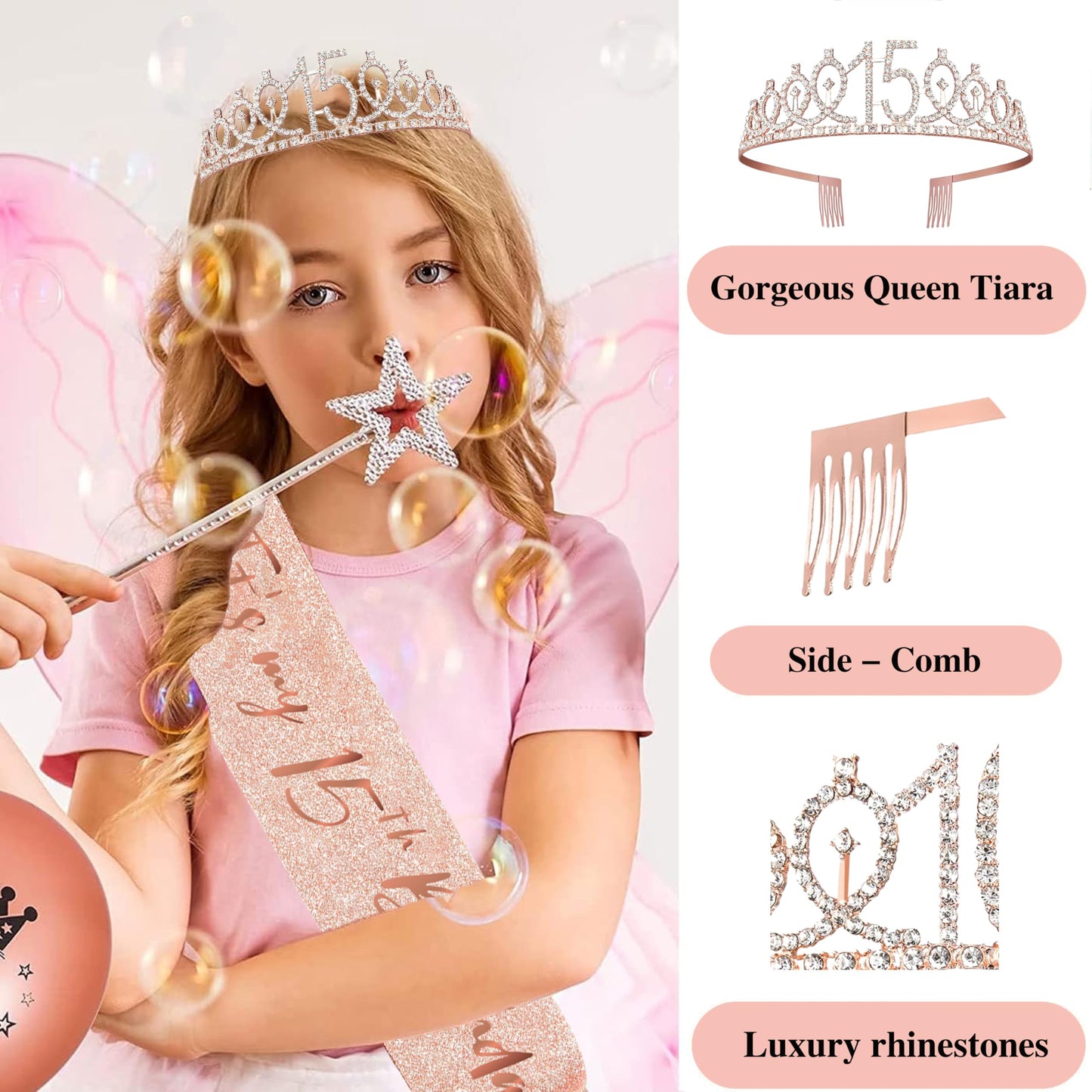15th Birthday Decorations for Girls,Banner,Backdrop, it’s my 15th Birthday Sash, Sweet Rhinestone Tiara Crown,Balloons