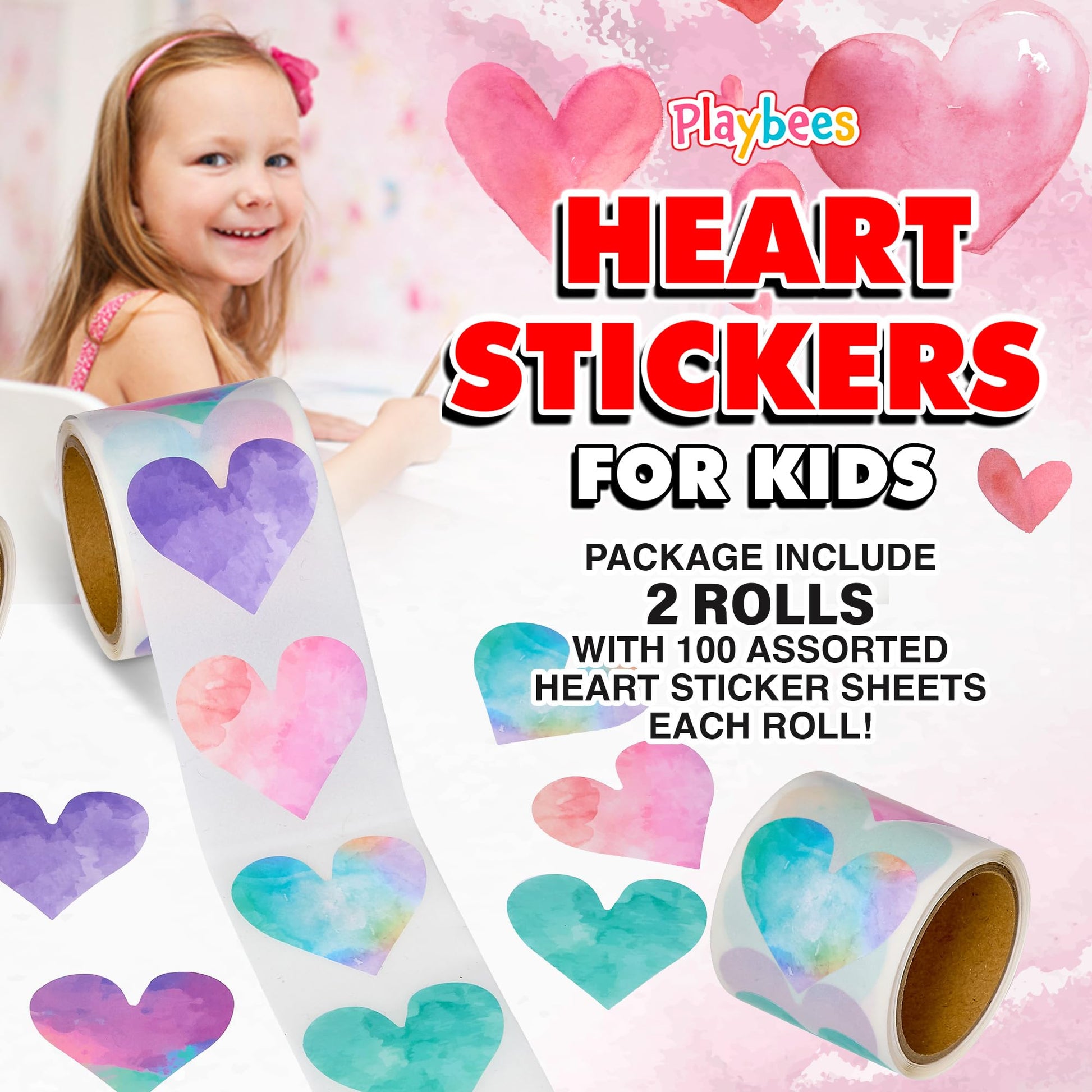 Playbees Watercolor Heart Stickers for Kids - 200 Pack of Rainbow Heart Themed Designs - Valentine’s Day Kids Educational Arts and Crafts