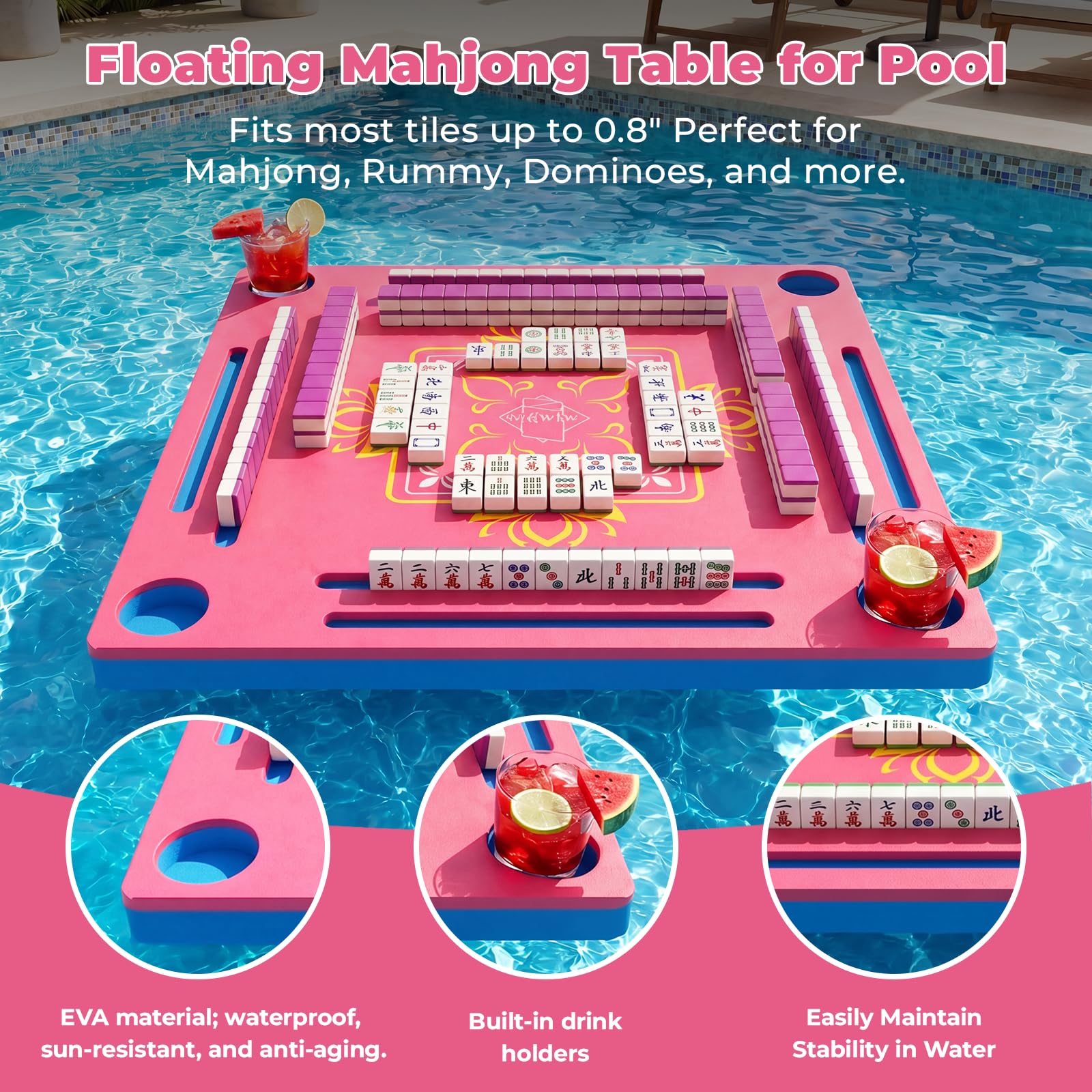 GKQWLW Floating Mahjong Table for Pool, Double-Sided Waterproof Float Game Tray for Mahjong, Poker, Cards, Dominoes Scrabble, Water Game Table