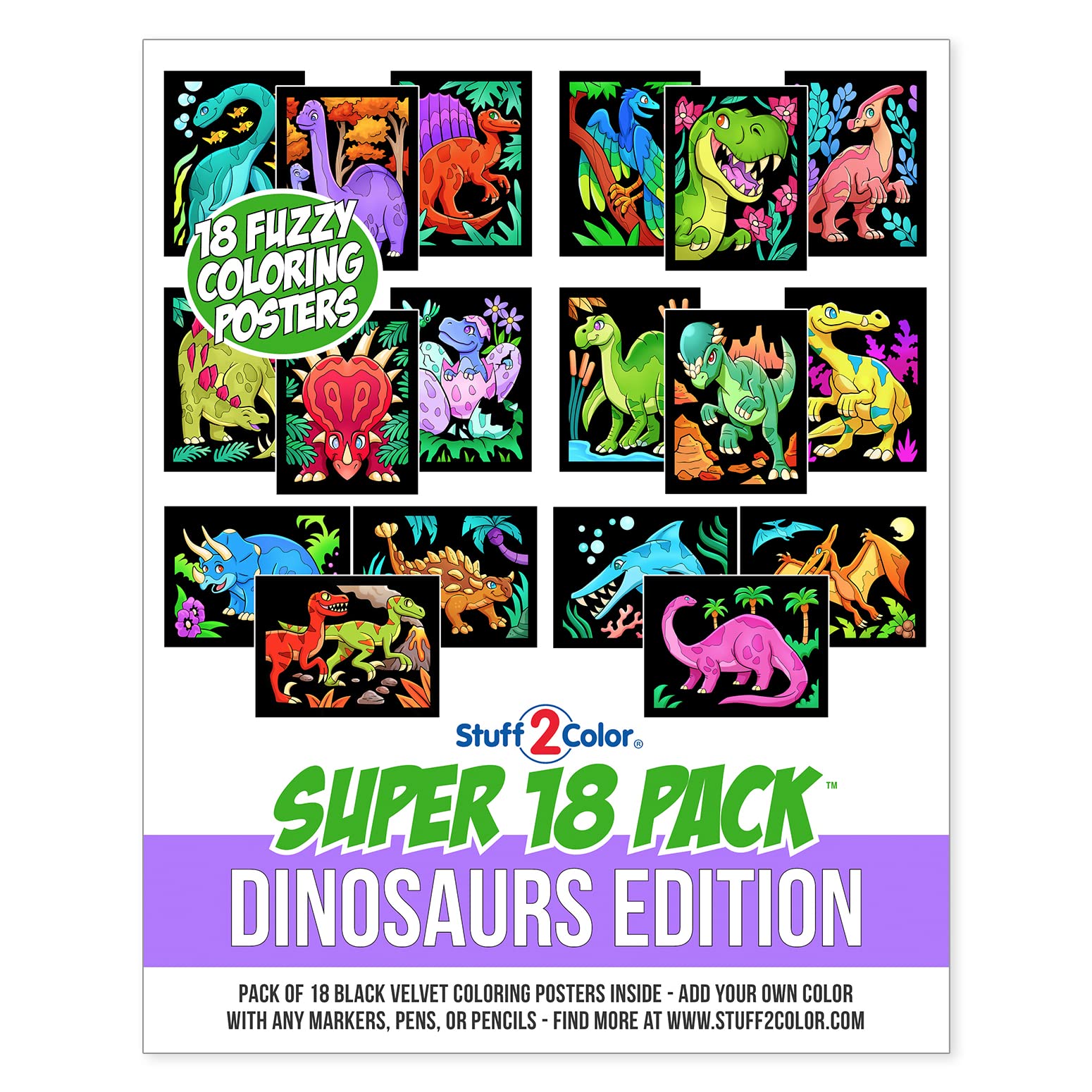 Super Pack of 18 Fuzzy Velvet Coloring Posters (Dinosaurs Edition) - Arts & Crafts for Boys and Girls - Great for After School, Travel, Quiet Time