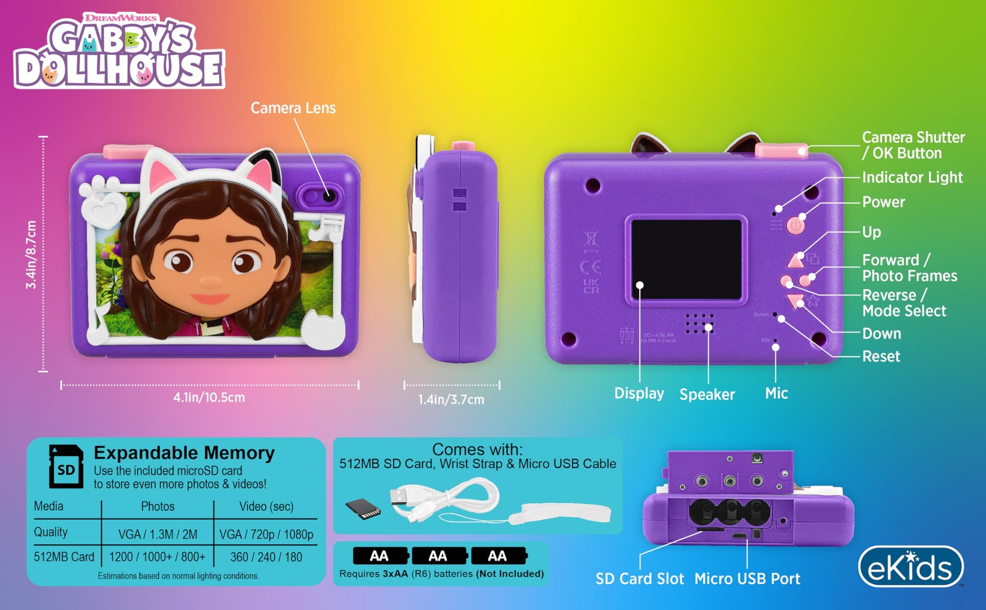 ekids Gabbys Dollhouse Kids Camera with SD Card, Digital Camera for Kids with Video Recording, Built-in Digital Stickers for Fans of Gabbys Dollhouse