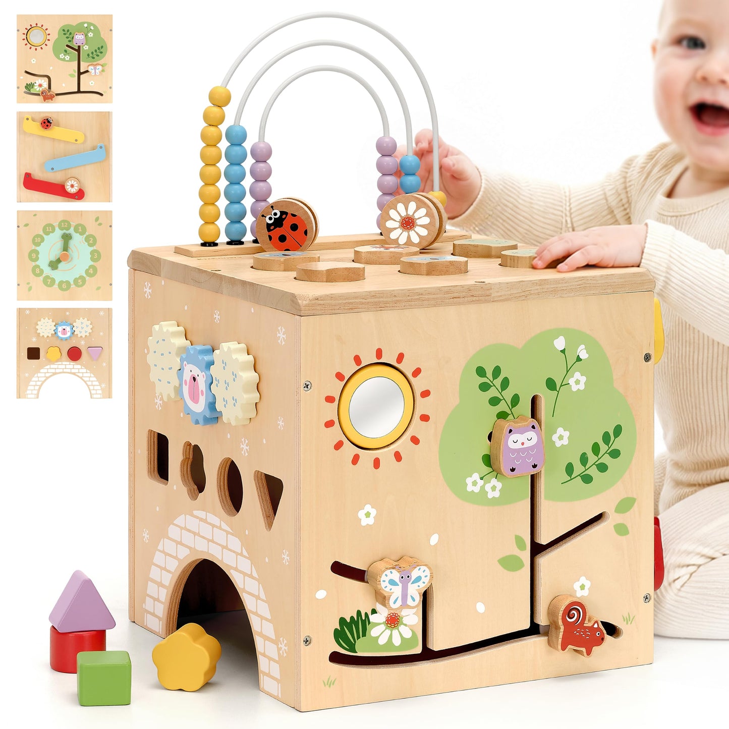 KizKnows Kid Wooden Activity Cube Montessori Development Toy for 1 Year Old