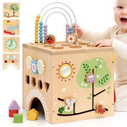 KizKnows Kid Wooden Activity Cube Montessori Development Toy for 1 Year Old