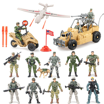 SYUUKH 10PCS US Army Men Action Figures with SWAT Team, K9 Dog, ATV, Drone, Motorcycle & 14 Weapons - Military Action Figures, Army Toys, Toy Soldiers